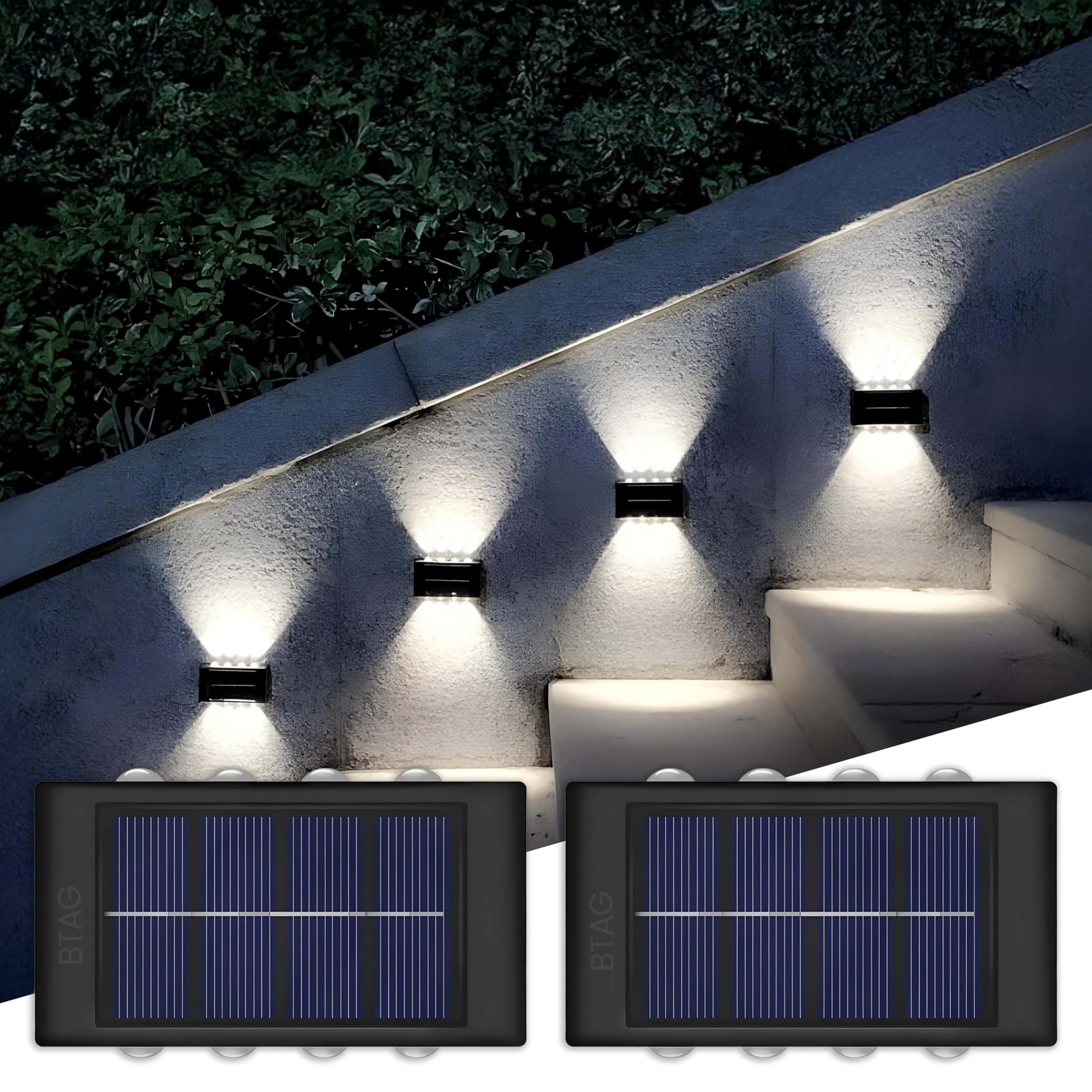 Btag Sun-Powered Up & Down LED Wall Light for Outdoor Use – 8 LED Waterproof Patio Light, Eco-Friendly Sunlight Powered Lamp for Home, Garden, Garage, and Balcony – Pack of 2 (SL009)