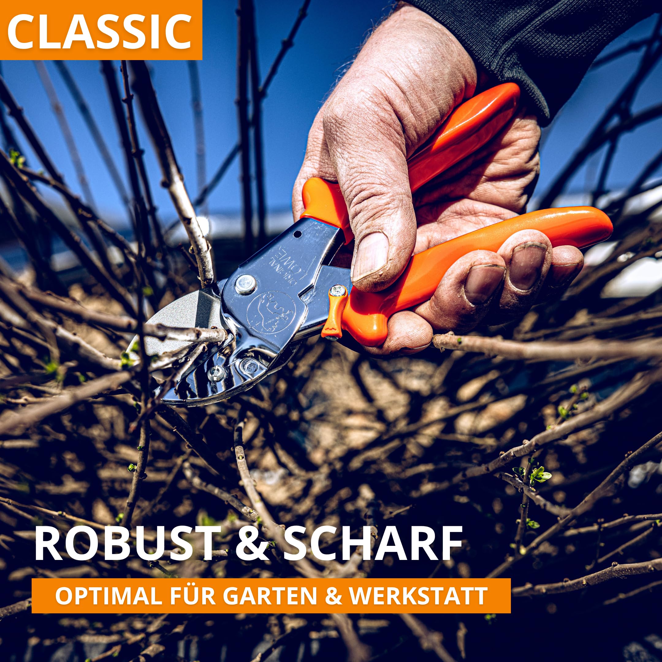 Original LÖWE 1 Profi Amboss-Gartenschere 1.104 mit rostfreier Stahlklinge und Antihaftbeschichtung - robuste und scharfe Schere aus rostfreiem Stahl eignet sich ideal für Holzarten wie Buche Esche