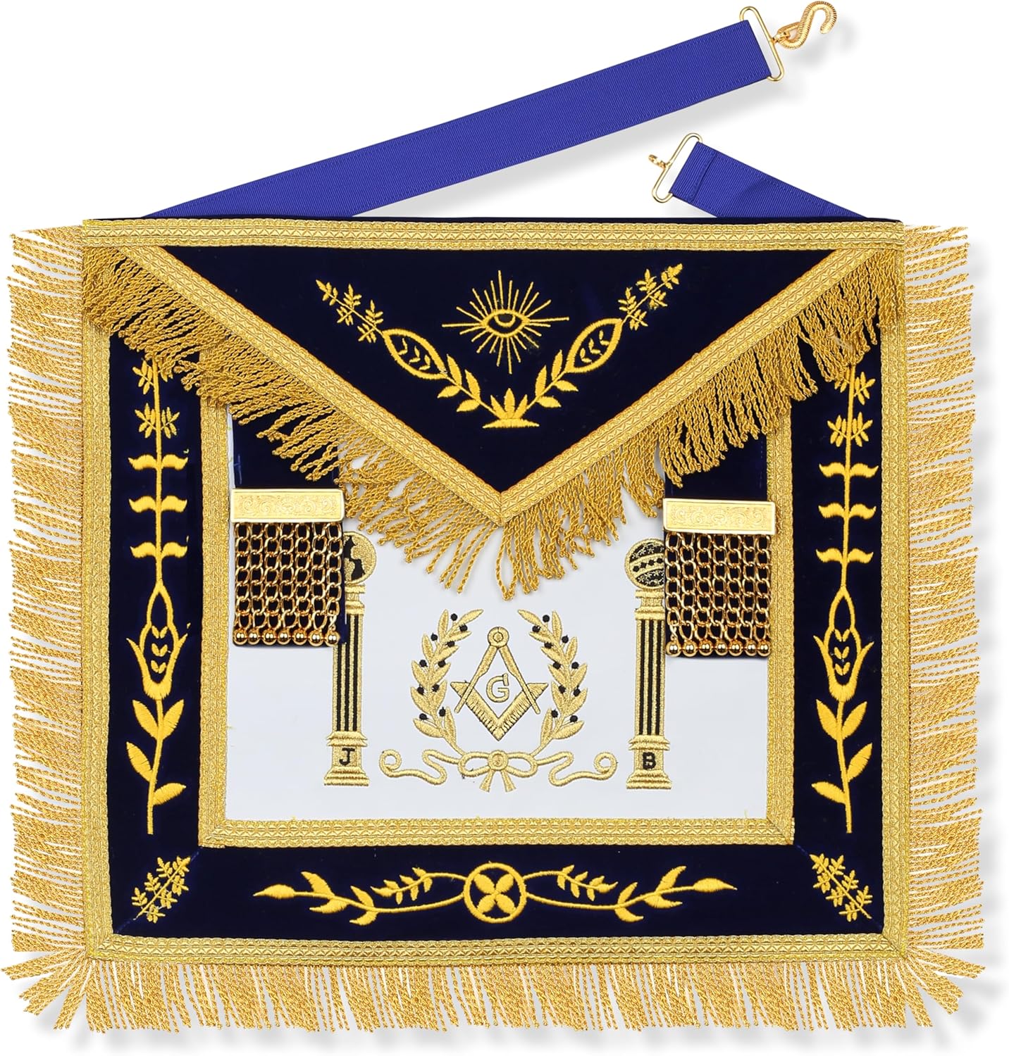 SialkotCrafts Masonic Master Mason Lambskin Apron - Navy Blue Velvet Borders with Gold Bullion Thread Fringe - Embroidered J & B Pillars and Square & Compass Logo