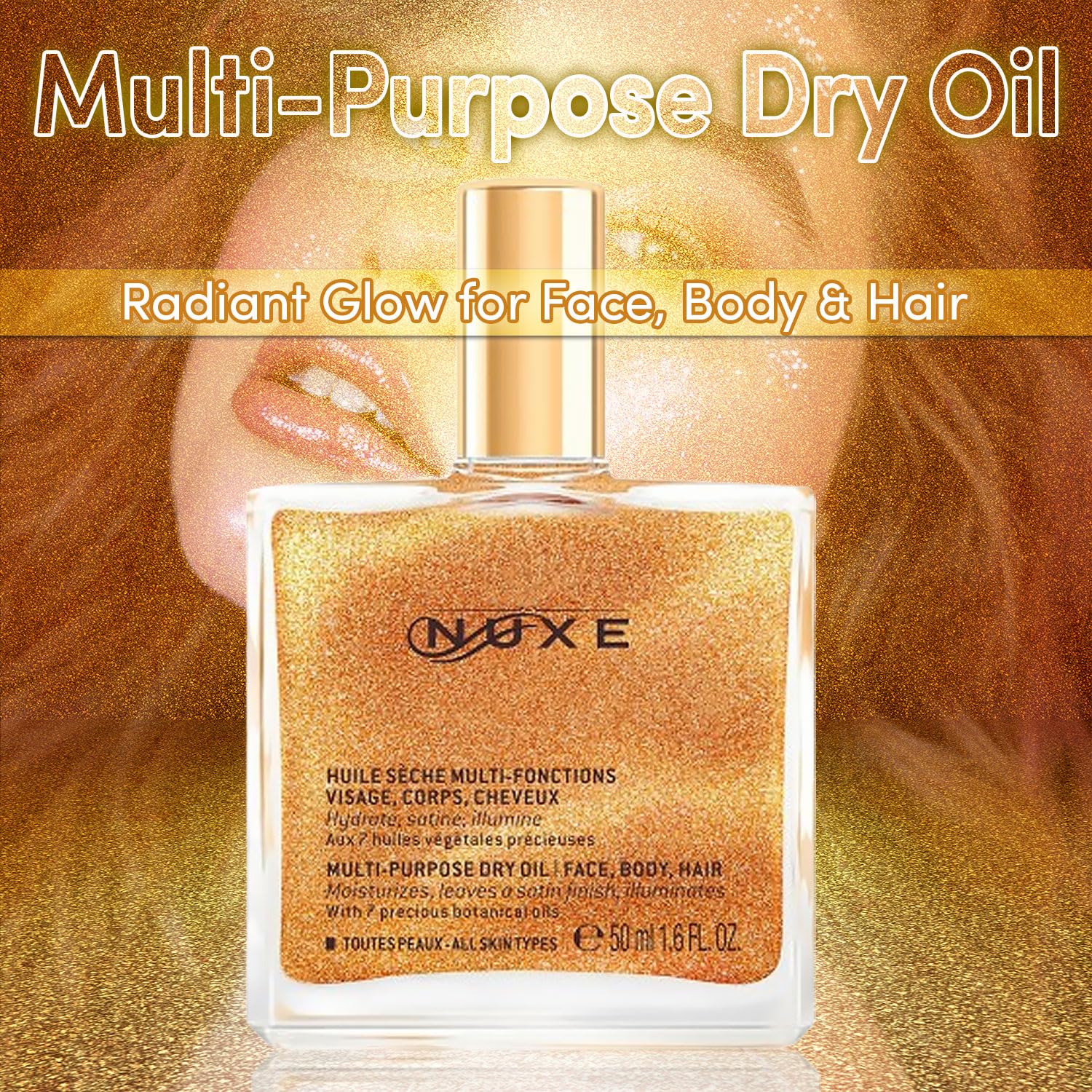Prodigious Shimmering Dry Oil for Face Body & Hair, Golden Glow Multi-Purpose Moisturising Oil with Cosmetic Spatula - Image 2