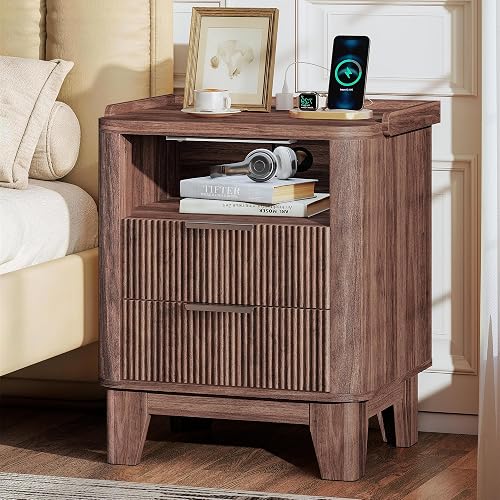 Baoz Walnut Fluted Nightstand with Charging Station & 2 Wooden