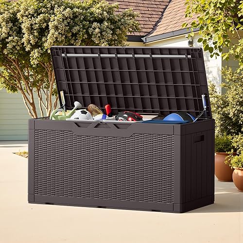 Vista 58 de Greesum Caja de resina de 31 galones para todo tipo de clima, cajas de almacenamiento al aire libre para muebles de patio, juguetes al aire libre