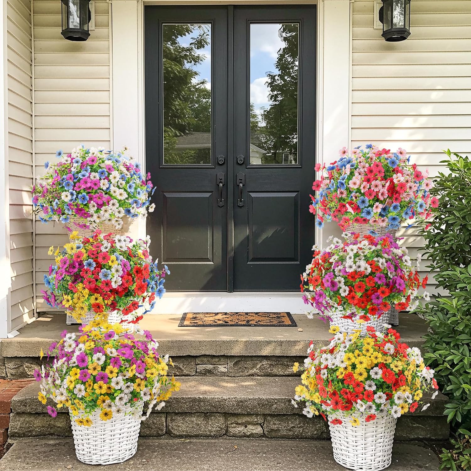 Artificial Spring Flowers Outdoors Faux Plants UV Resistant Plastic Flowers Outdoors Fake Greenery Plants Outside for Garden Porch Planters Silk Flowers Daisy Decor, 12 Bundles (Mix White Red Purple) - Image 4