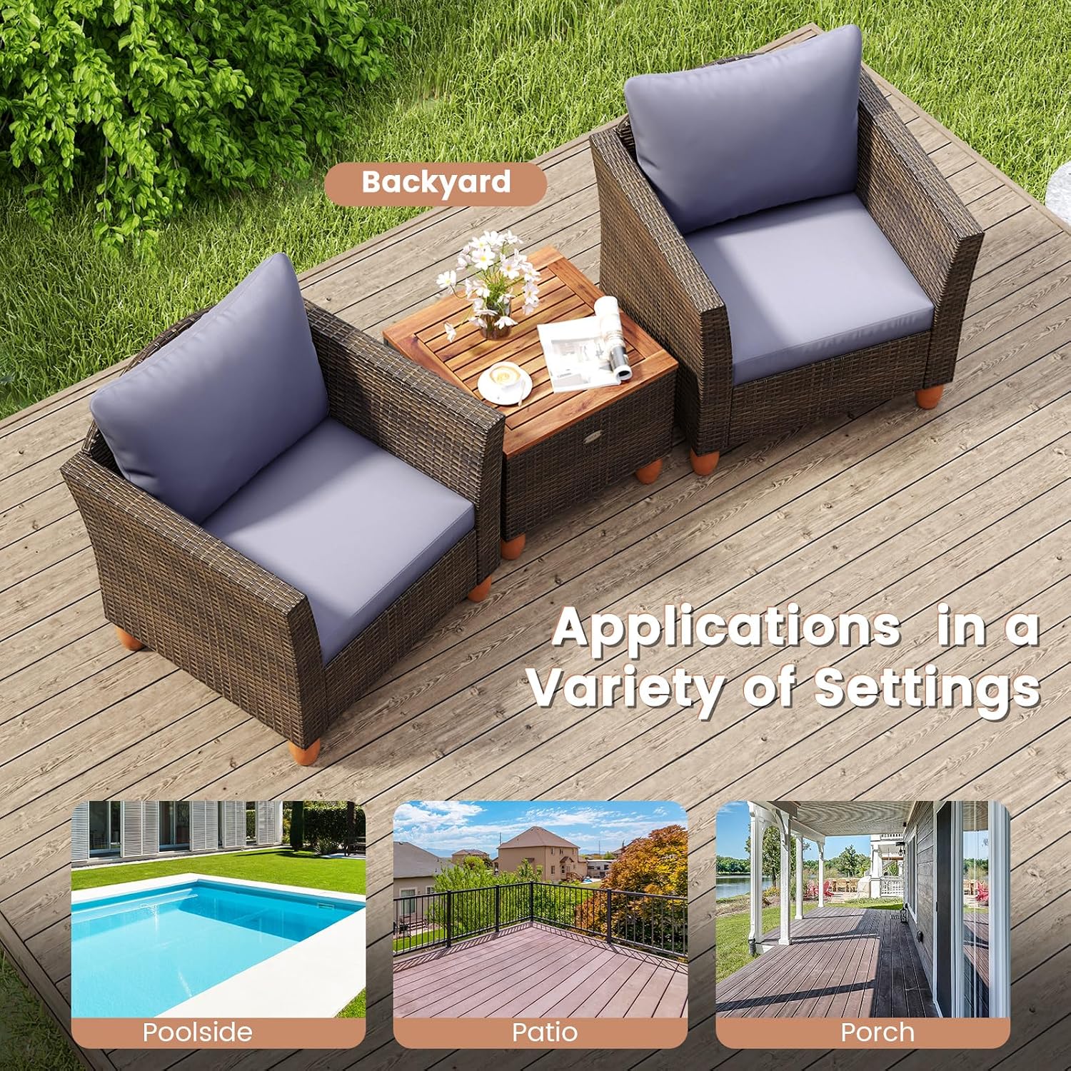 RELAX4LIFE 3-Piece Patio Furniture Set - Rattan Wicker Chairs w/Cushions, Acacia Wood Storage Coffee Table, Outdoor Conversation Furniture for Balcony, Bistro Table & Chairs Set of 2 (Brown-Grey)