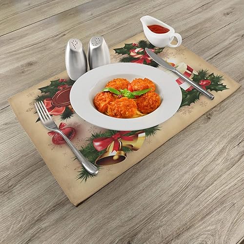 Miniatura 2 de Ambesonne Juego de 4 manteles individuales de Navidad, estilo clásico, campanas de velas, muérdago, cinta de pájaro, manteles individuales de tela