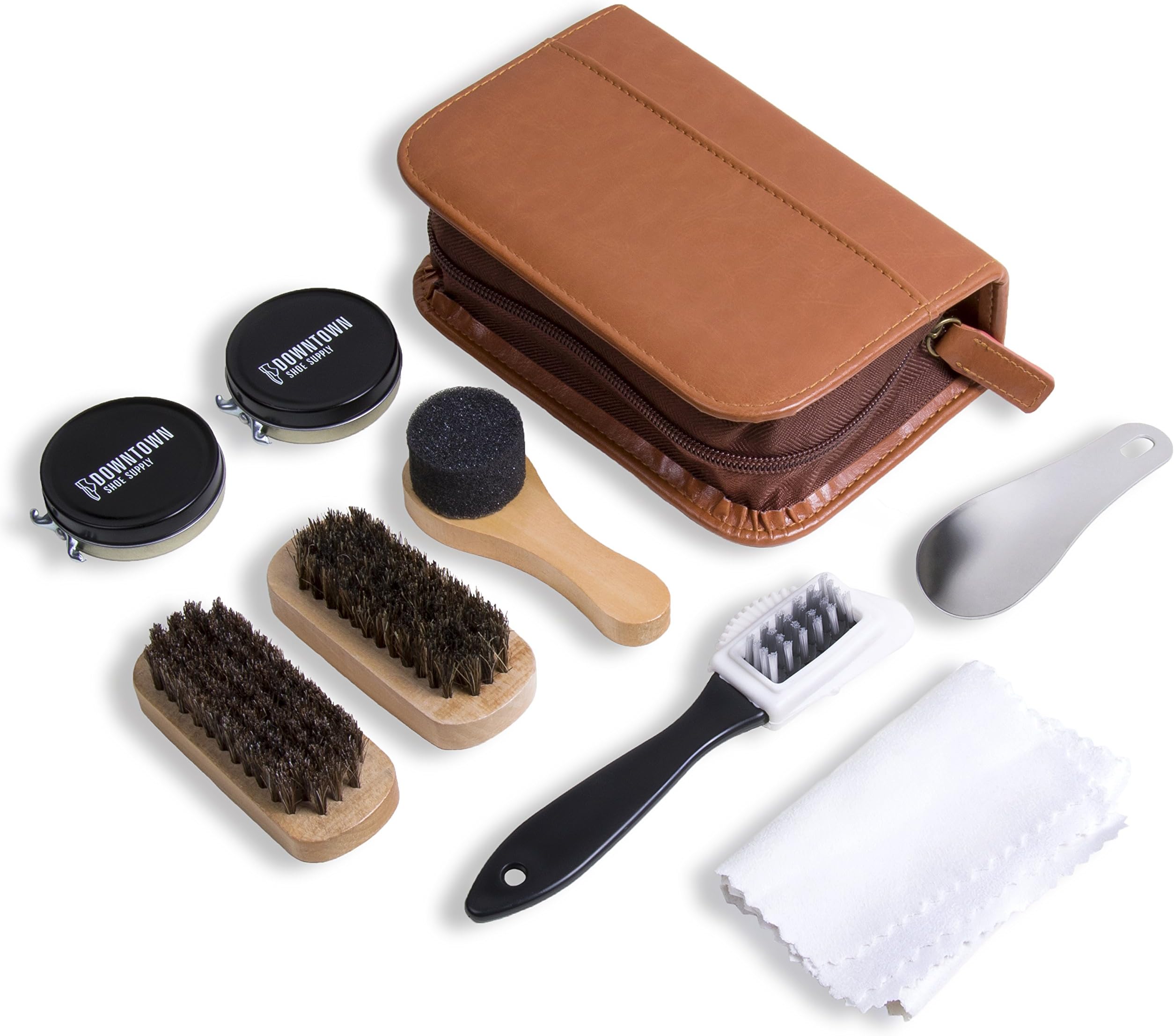 Shoe Shine Kit - Downtown Supply - Professional Shoe Care for all Leather, Suede, Boots with Shoe Polish, Buffing Cloth, Brown Travel Case