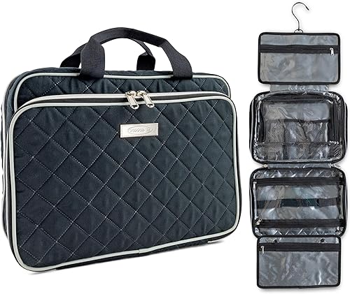 Miniatura 2 de Neceser grande de viaje, organizador colgante de maquillaje, Negro -, Tela de algodón suave con cremallera melocotón 360 grados colgando tolietría