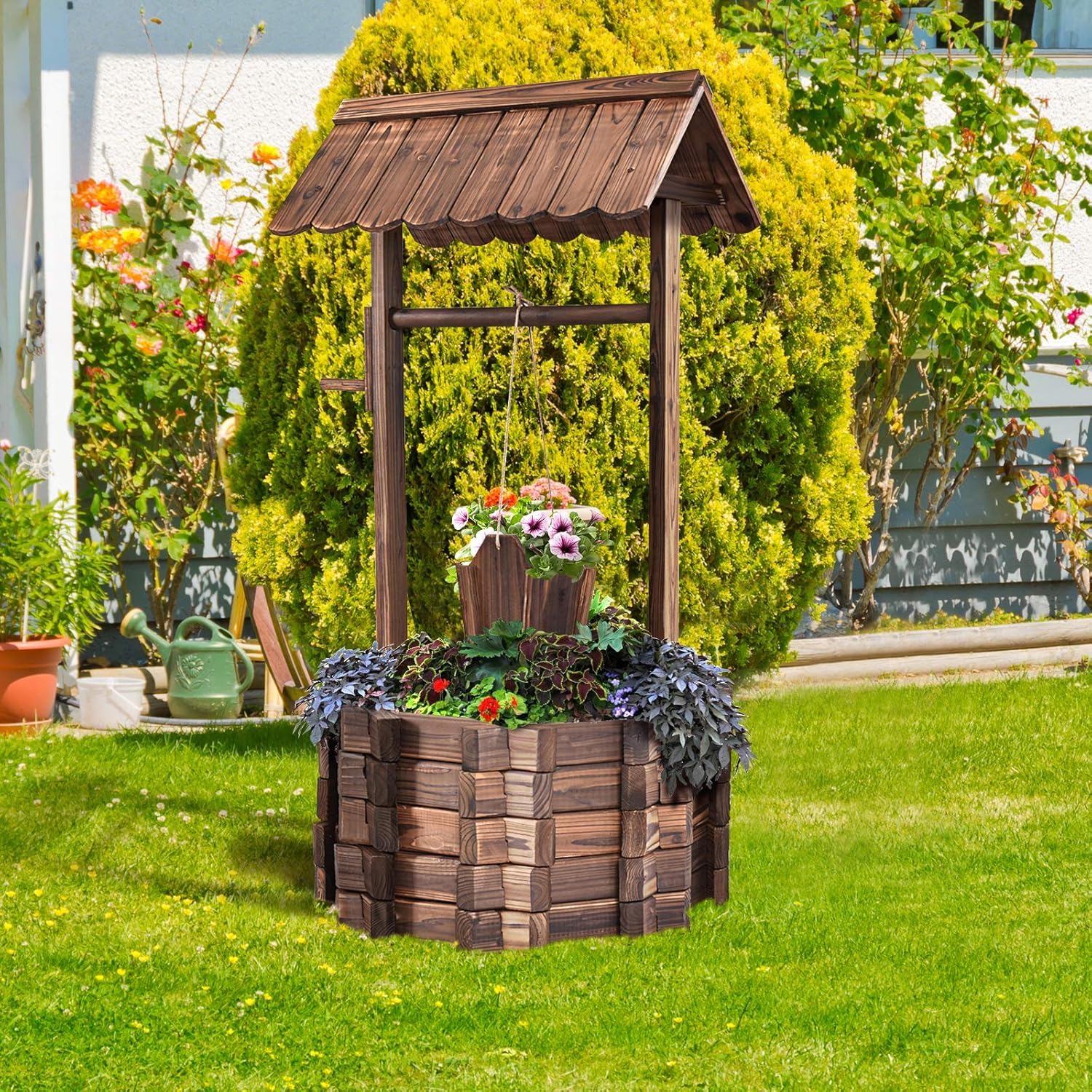 GOPLUS Pozo de Madera Decorativo, Jardinera de Exterior con Techo Clásico, Fuente Decorativa con Cubo Colgante y Amplio Lecho de Plantación