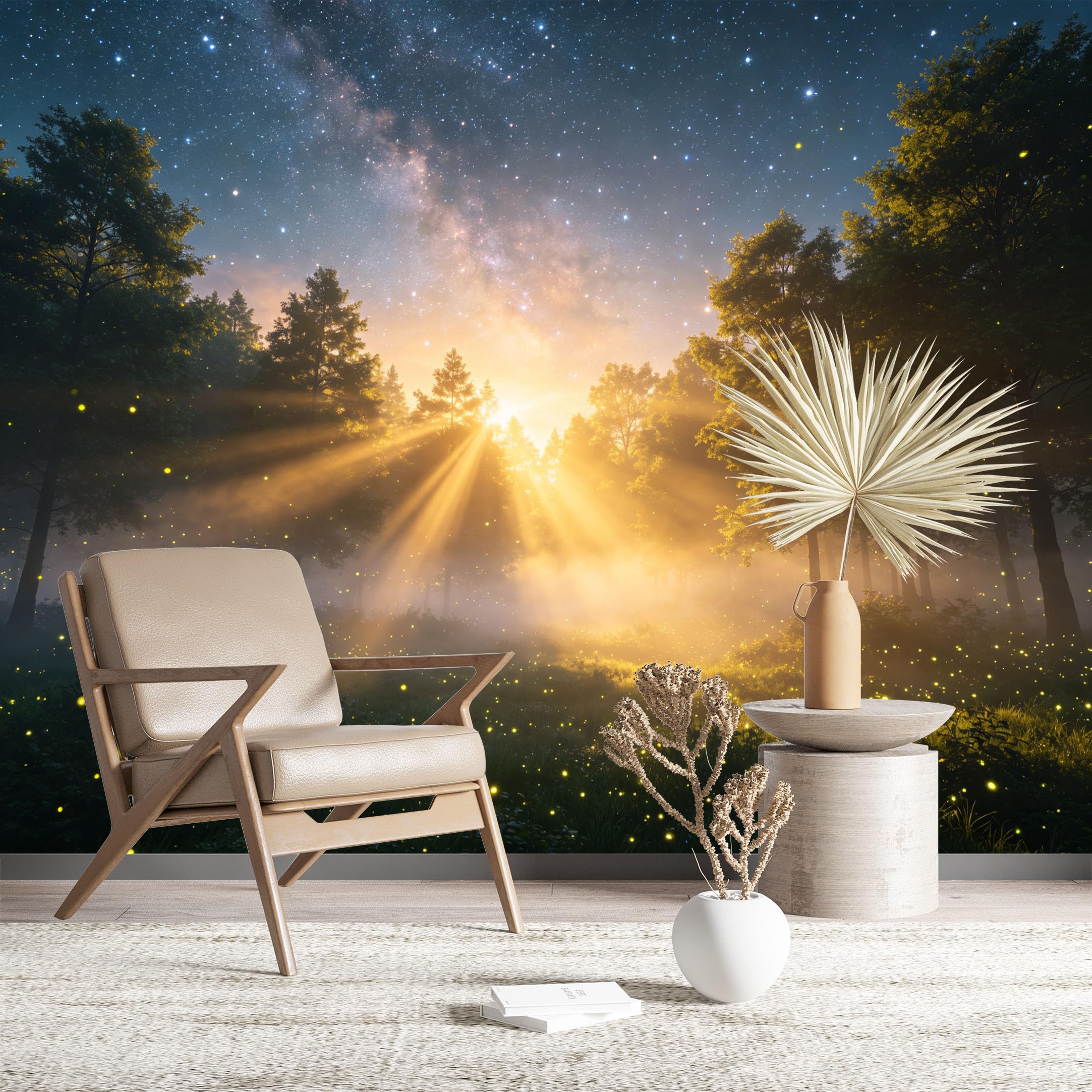 Custom Size Wall Murals Starry Forest with Fireflies and Sunlight Wall Stickers Self-Adhesive Wall Fabric (NO PVC) Removable Wallpaper for Living Room Home Decor