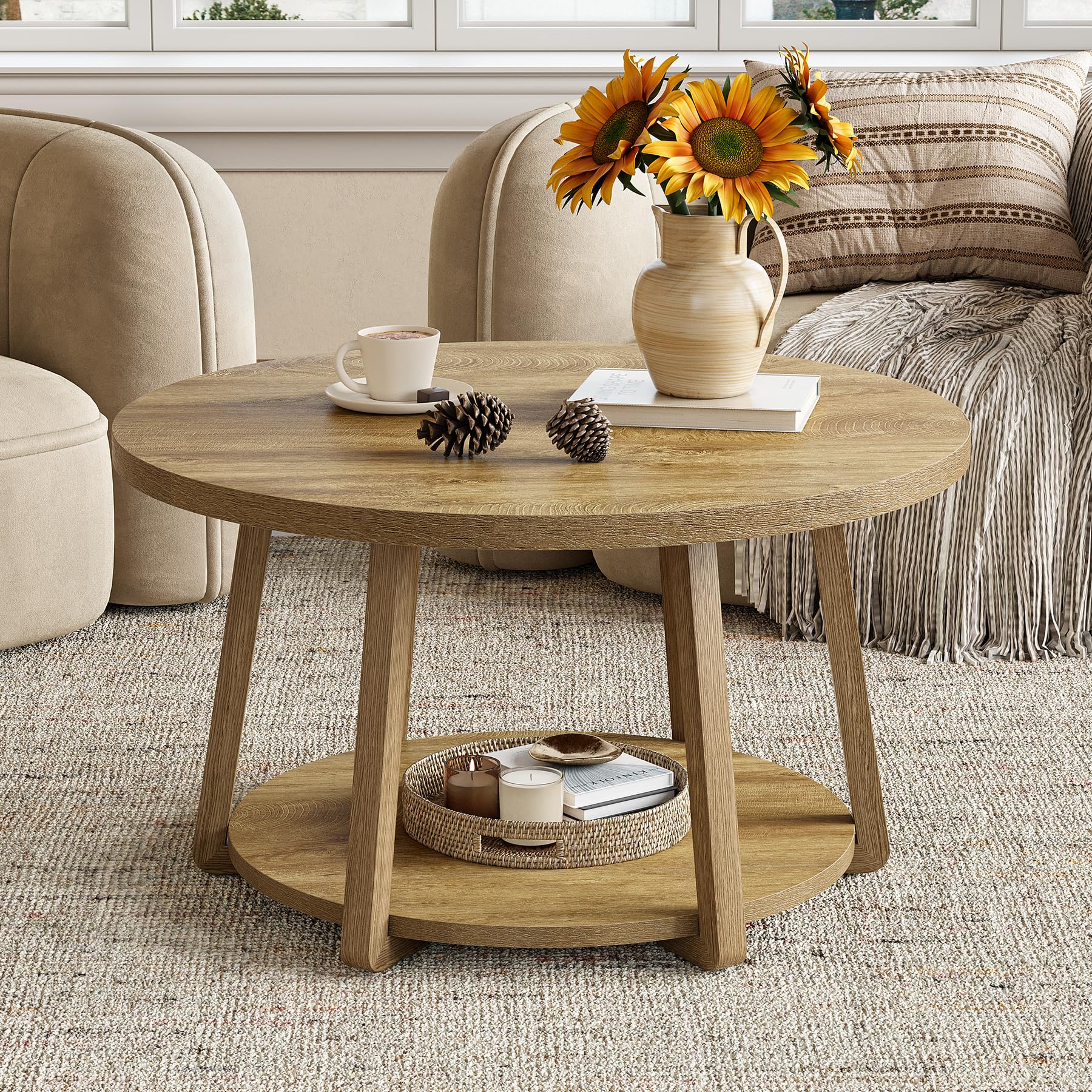 Tribesigns 80 cm Mesa de Centro Redonda con Espacio de Almacenamiento, Mesa de salón de Dos Niveles con Patas de Madera, fácil de Montar, para salón, Espacios pequeños, hogar - Roble
