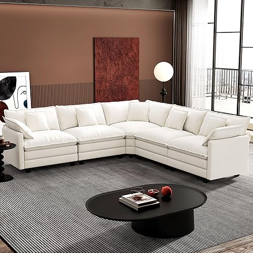 Ihanherry 114" V-Shaped Modern Sofa Modular Sectional Cloud Couch with Corner Section, 5-Seat Chenille Deep Seat Sofa with 5 Pillows for Living Room, Bedroom and Apartment, Beige