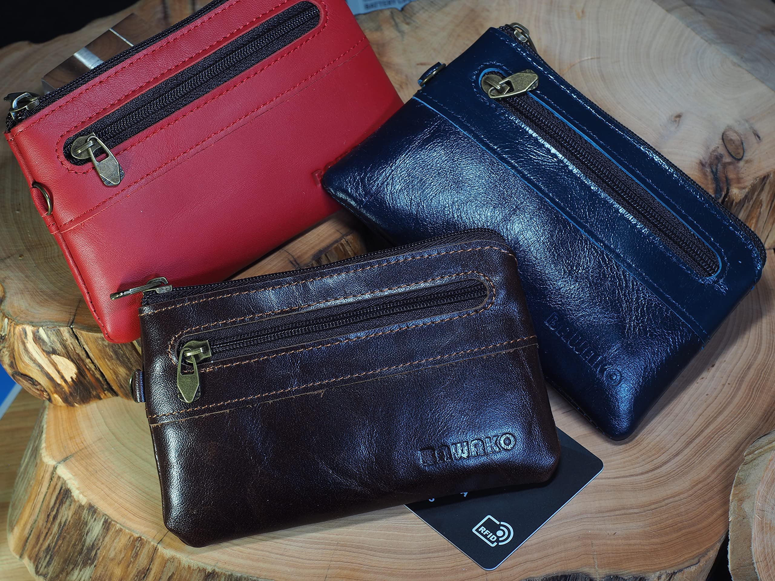 BAWAKO portachiavi grande 2 scomparti con cerniera vera pelle, bel portachiavi per donna uomo bambino, tasca chiave portafoglio piccolo compatto fatto a mano