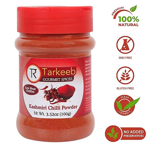 Miniatura 3 de Tarkeeb Chili en polvo de Cachemira (Deggi Mirch, a bajo calor) Tarro de PET con tapa agitadora de 3.52 oz (100 g)  Auténtica especia india  Todo