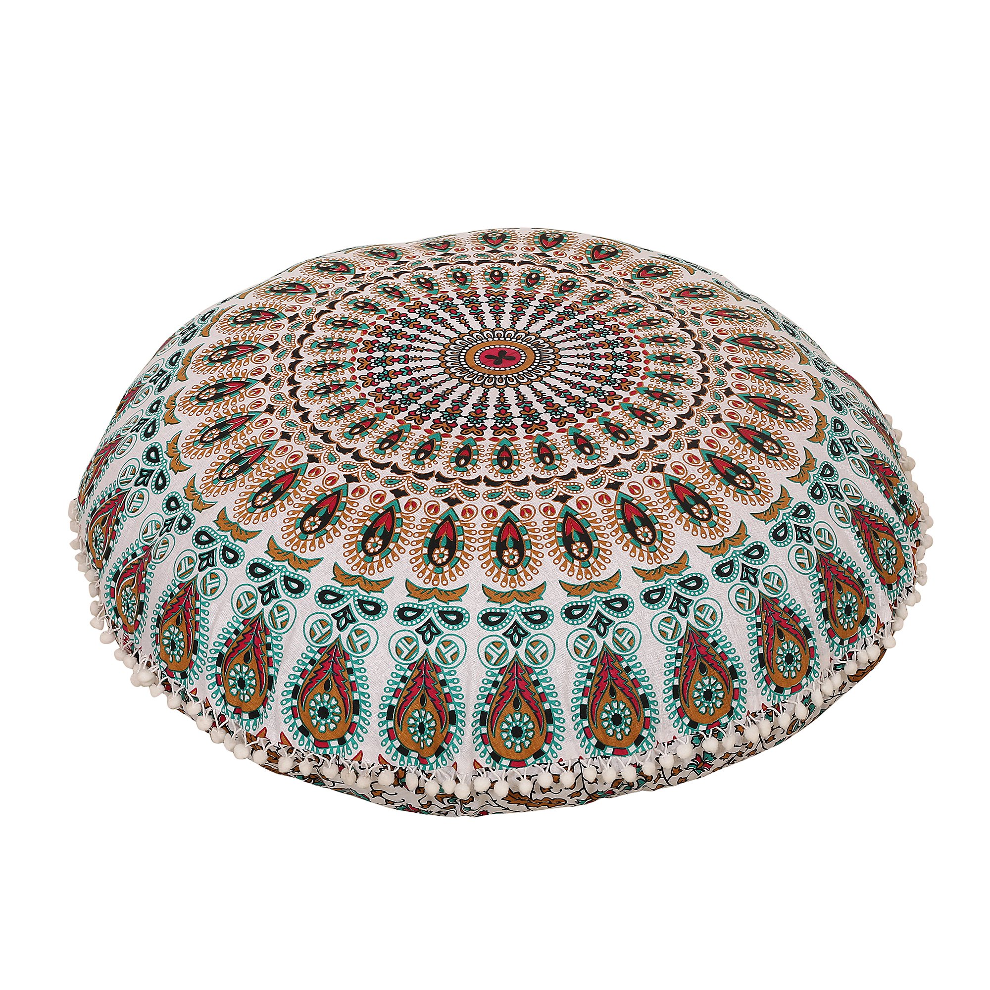 Anokhiart Pink Brown Multi Indian Mandala Round Floor Pillow Cushion Decorative Throw Pillowcases 32" Boho Pouf Cover Pom Pom Pillow Shams Outdoor Cushion Cover