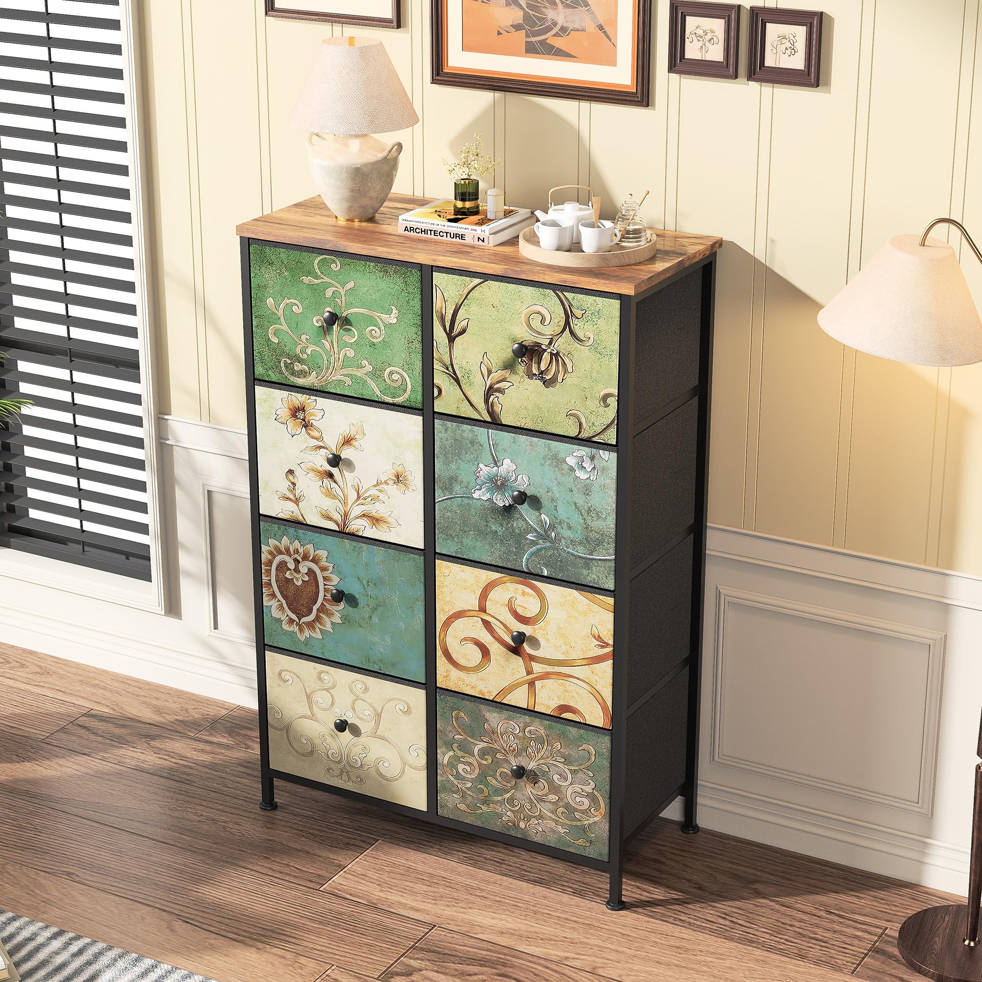 Commode à 8 Tiroirs en Tissu,Commode Chambre Adulte Armoire Tiroirs avec Plateau Bois et Cadre Métal,Meuble de Rangement pour Chambre d’Enfant, Salon et Couloir