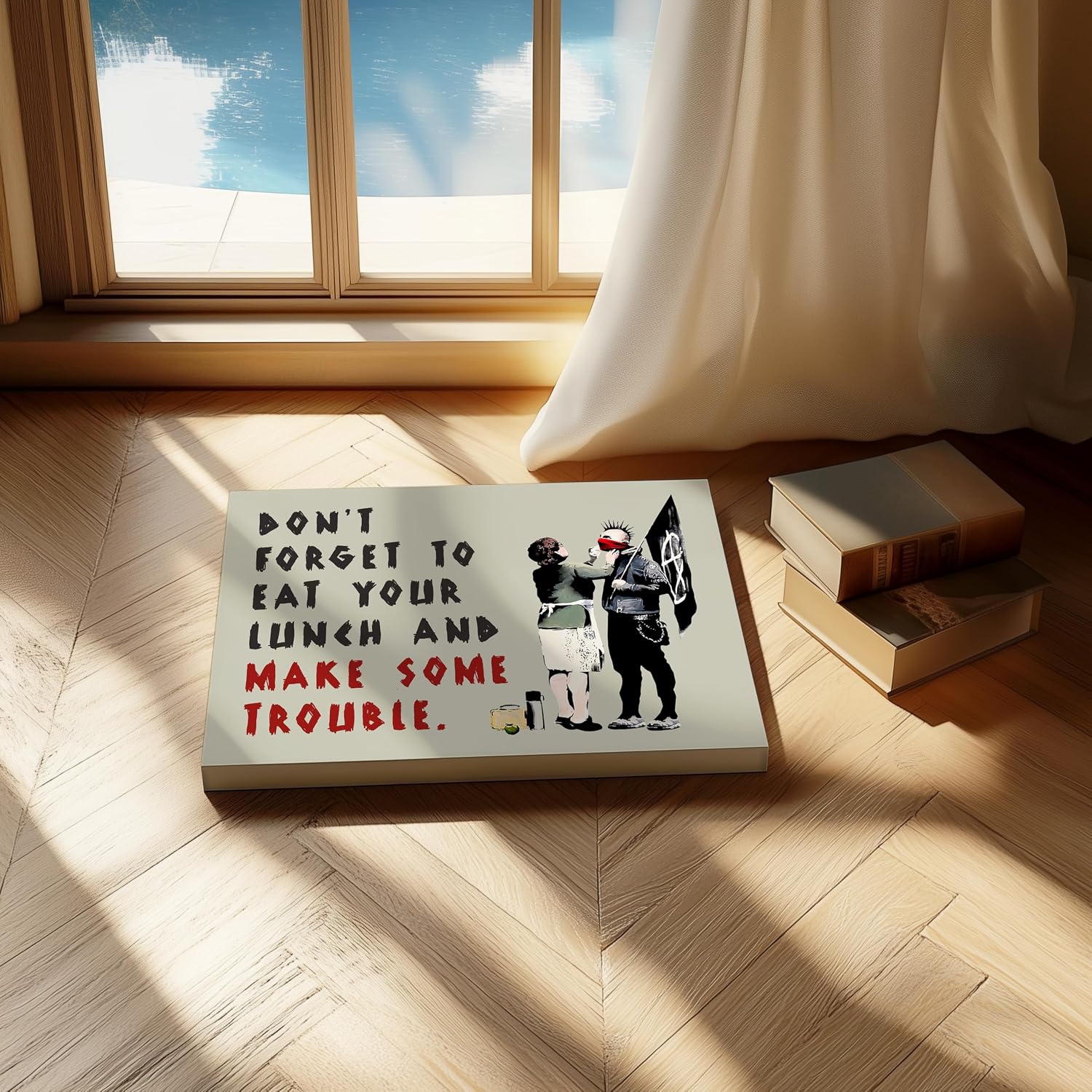 Poster Master Don't Forget To Eat Your Lunch Canvas - Make Some Trouble Print - Street Graffiti Art - Modern Design - Humorous Art - Funny Living Room or Bedroom Decor - 8x10 STRETCHED Canvas