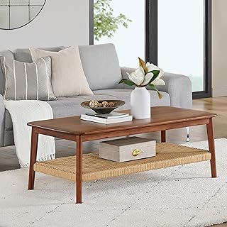 Alaterre Furniture Coffee Table - Calais Collection 48-Inch Living Room Table with Woven Shelf - Solid Acacia Wood Coffee Table (Warm Chestnut)