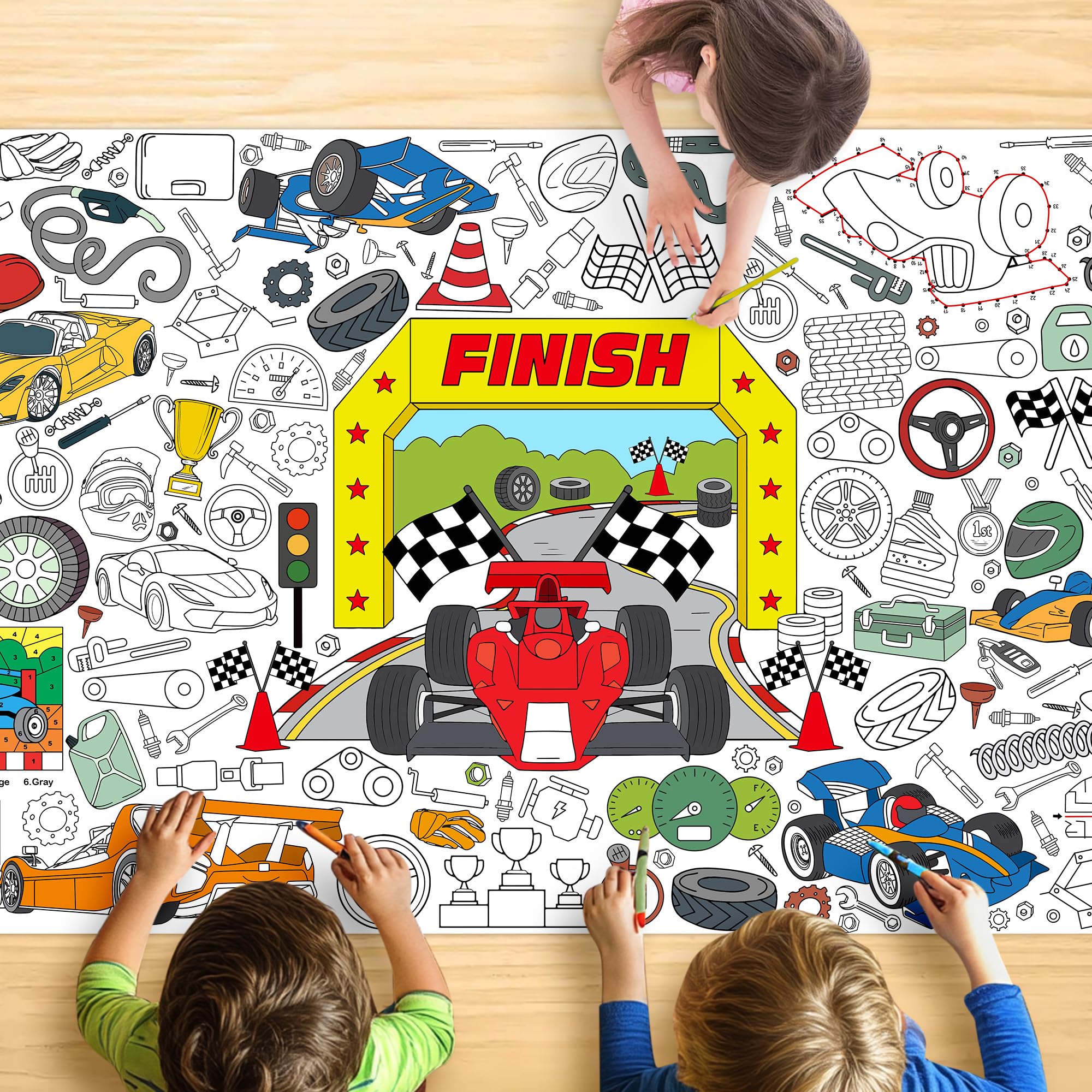 Race Car Coloring Tablecloth for Kids, Giant 30x72 Inch Poster with Speedy Cars, Flags, Tracks, Idea for Boy Birthday Party Games, Race-Themed Decorations, Classroom Fun, Event Supplies