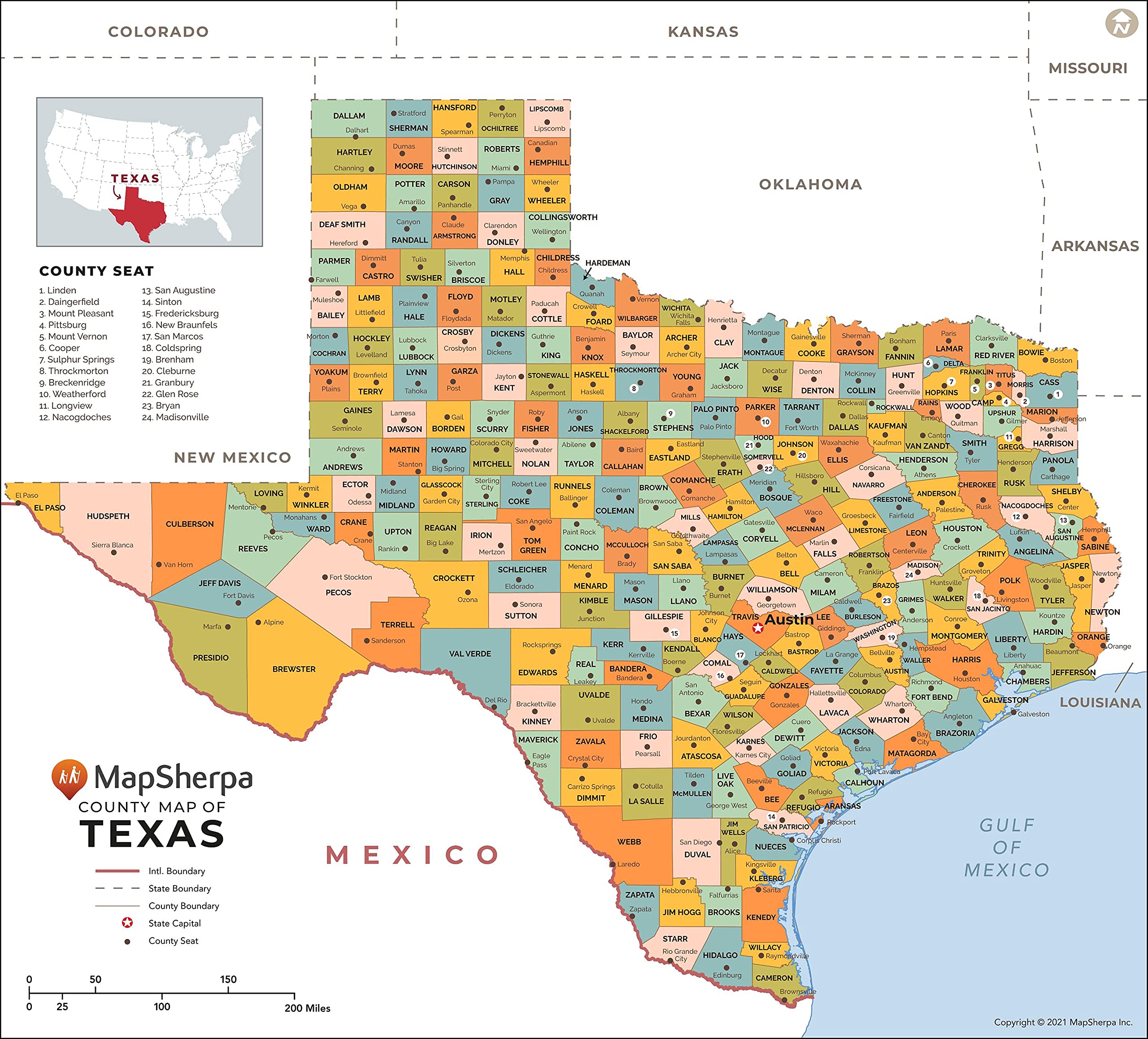 Texas Counties Map - Extra Large - 60" x 54.5" Laminated