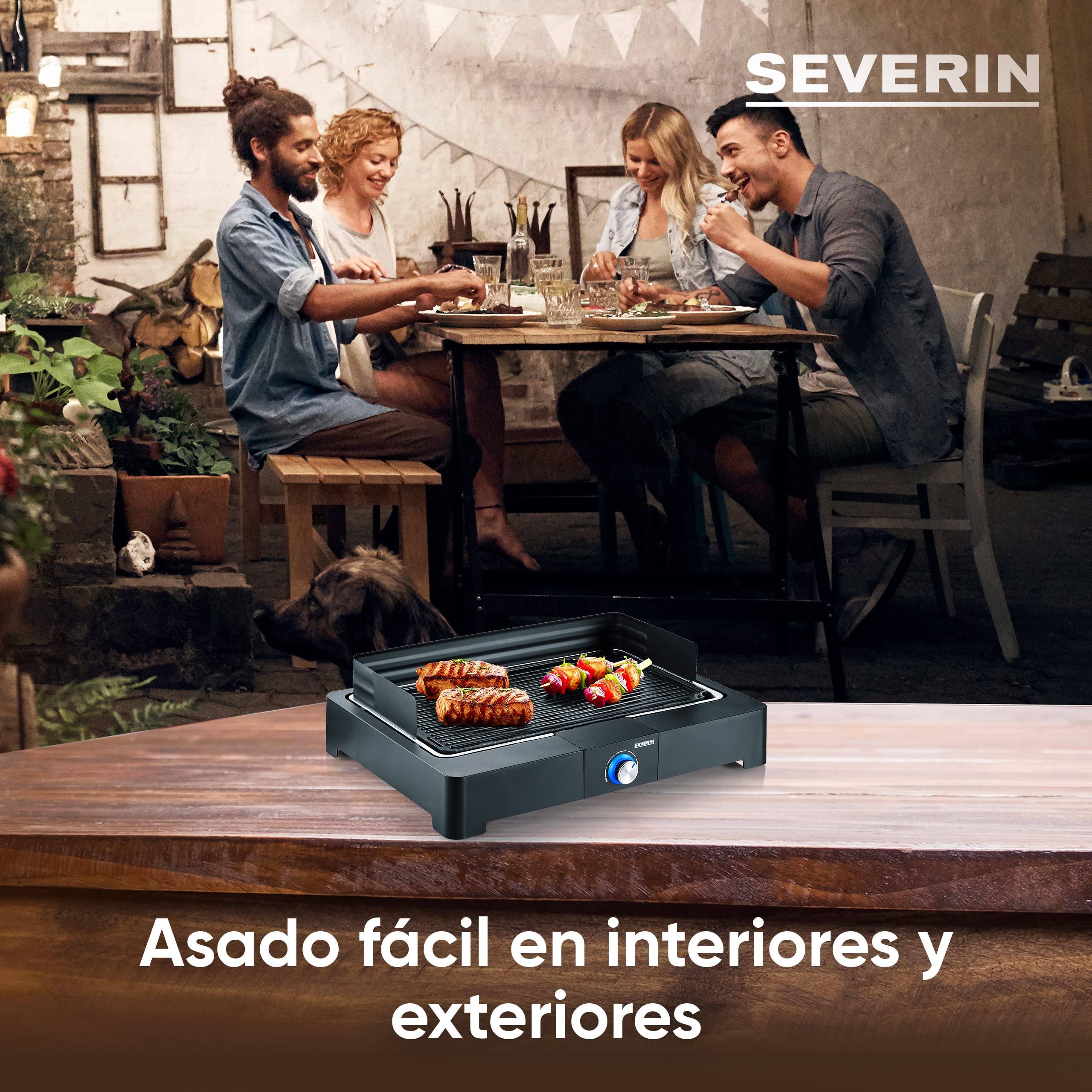 Severin Barbacoa de mesa con placa de grill acanalada para interior y exterior, barbacoa eléctrica con arranque rápido, mini barbacoa sin riesgo de quemaduras, negro, PG 8567