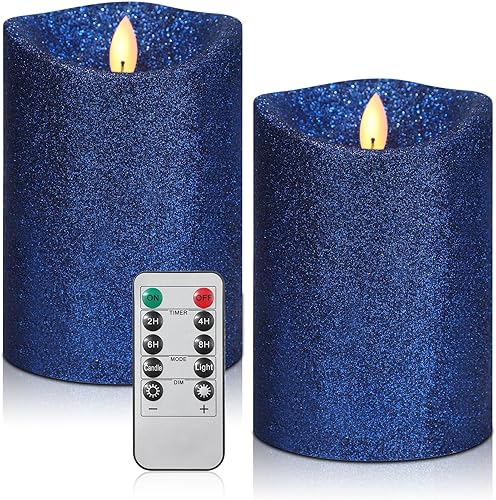 2 velas navideñas sin llama con purpurina, 3.5 x 5 pulgadas, velas LED de llama artificial metálica realista, funciona con pilas, con control remoto