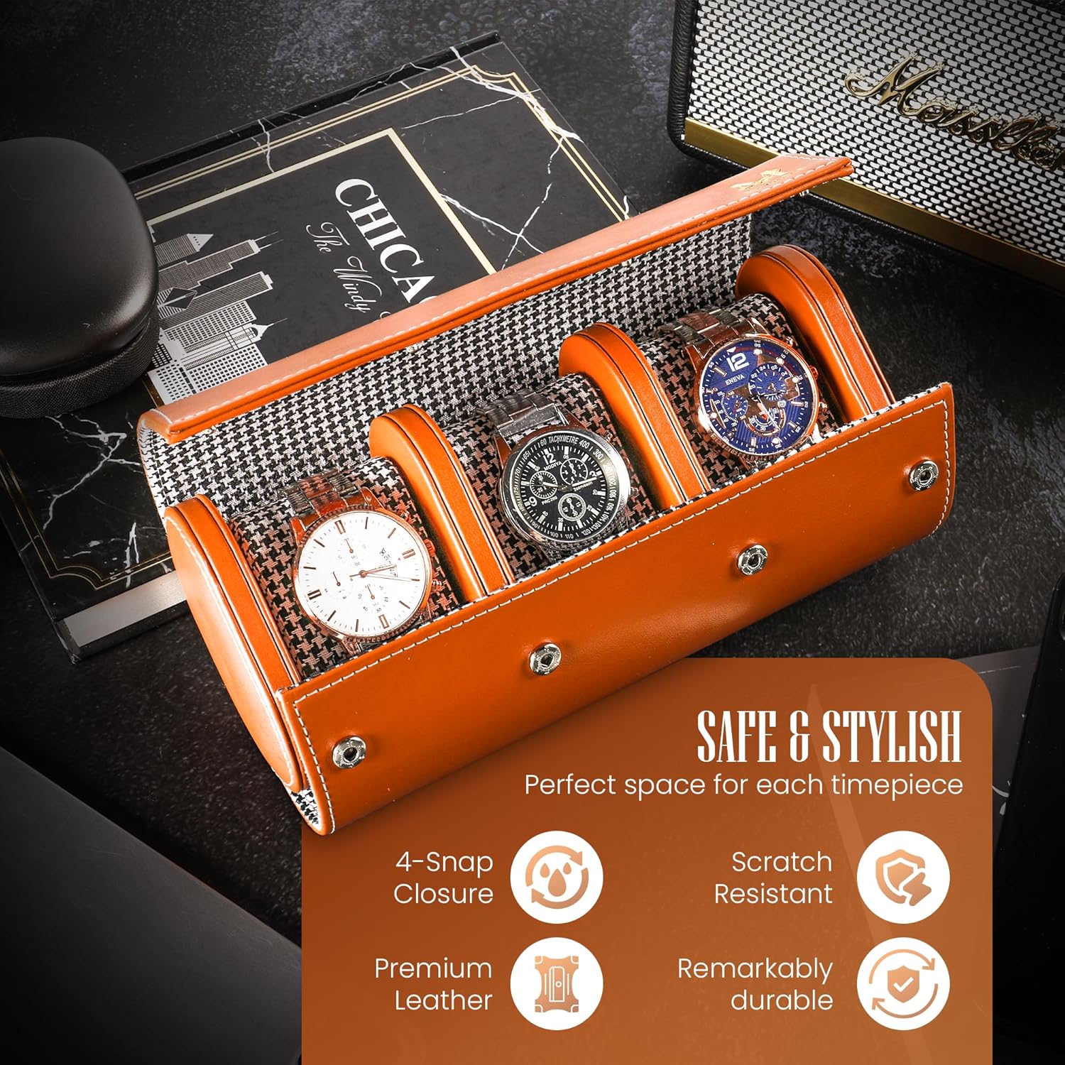 Genuine Leather Watch Roll Travel Case & Watch Case for Men – 3 Watch Roll with Dividers & Removable Snap Pillows – Watch Case for Travel & Display