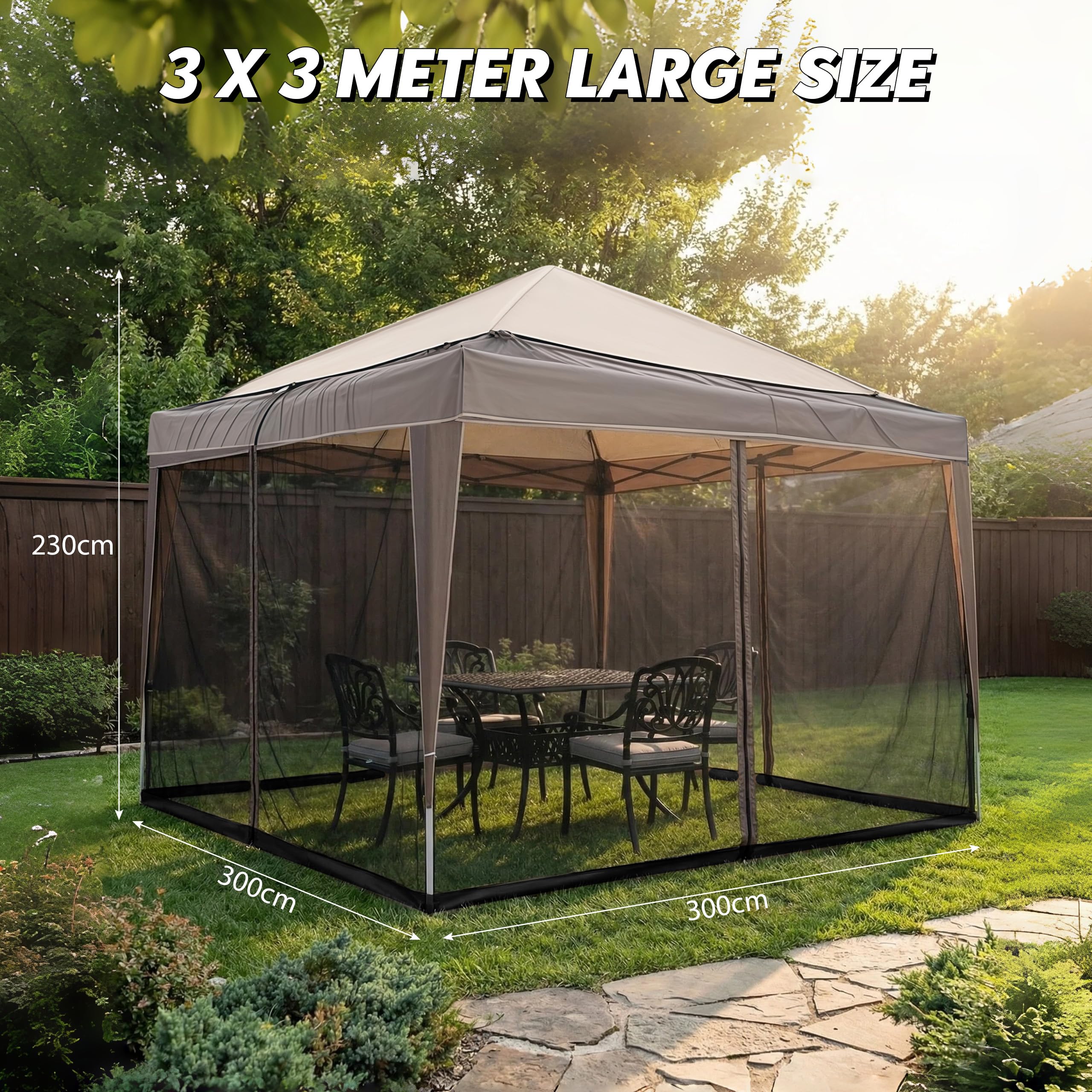 Moustiquaire pour tonnelle, 3 x 3 m, réglable, avec 2 portes zippées, avec pied rempli d'eau, pour jardin, patio, cour, camping, noire