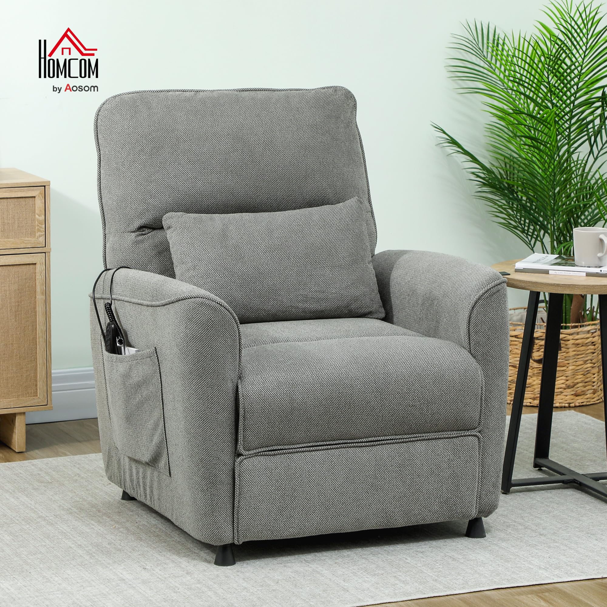 HOMCOM Sillón Relax Reclinable Eléctrico, con Calor Lumbar y Masaje Vibración, Sillón Masaje Relax, Motor Silencioso, Función de Memoria, Bolsillos Laterales, Almohada, Control Remoto con USB, Gris