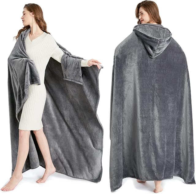 ESSYIOO Wearable Blanket, Women Men Wearable Blankets with Sleeves and Detachable Hood, Soft and Warm Blanket Oversized 160 x 180 cm -Grey, L