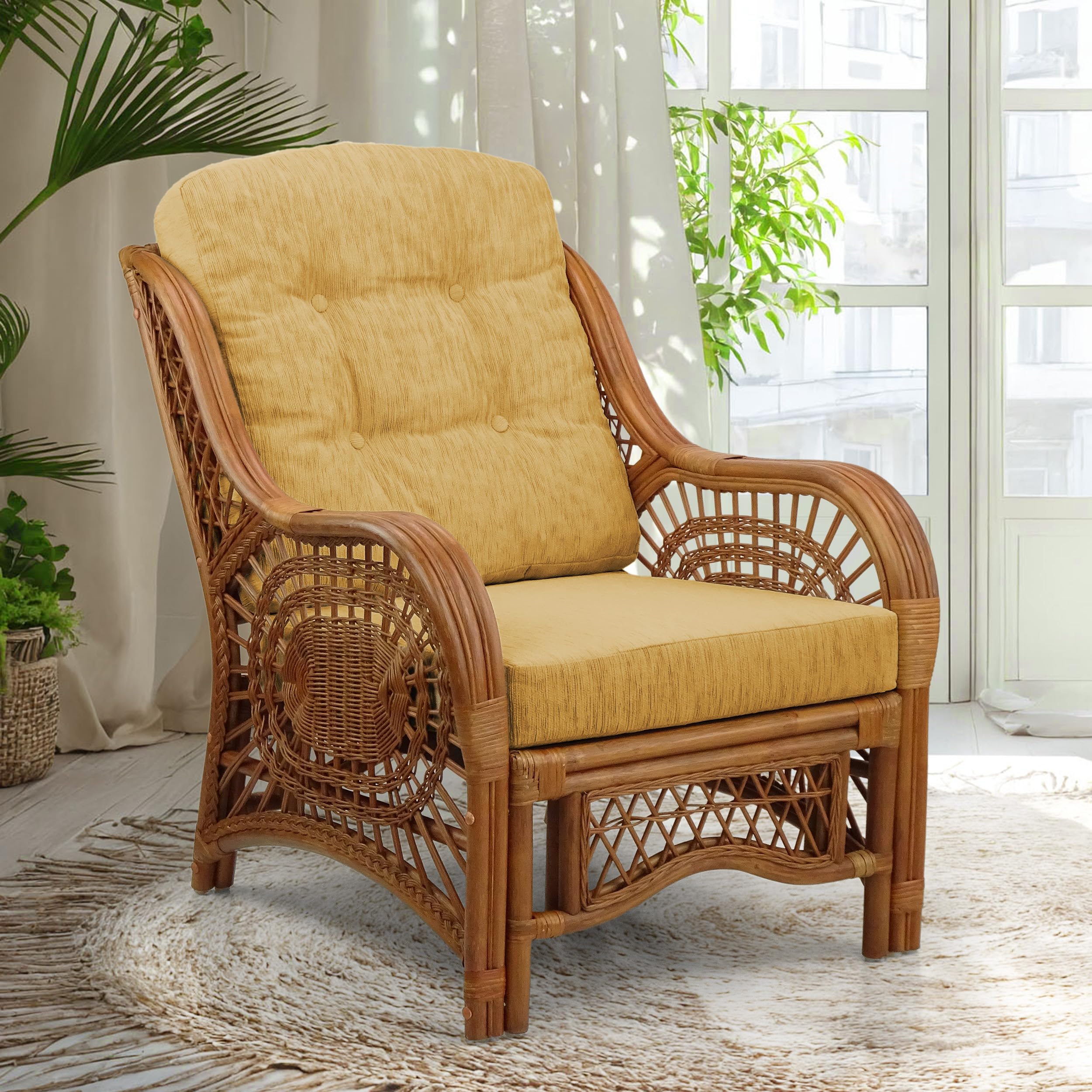 Malibu Lounge Living Accent Armchair Natural Rattan Wicker Handmade Design, Colonial Color with Light Brown Cushion