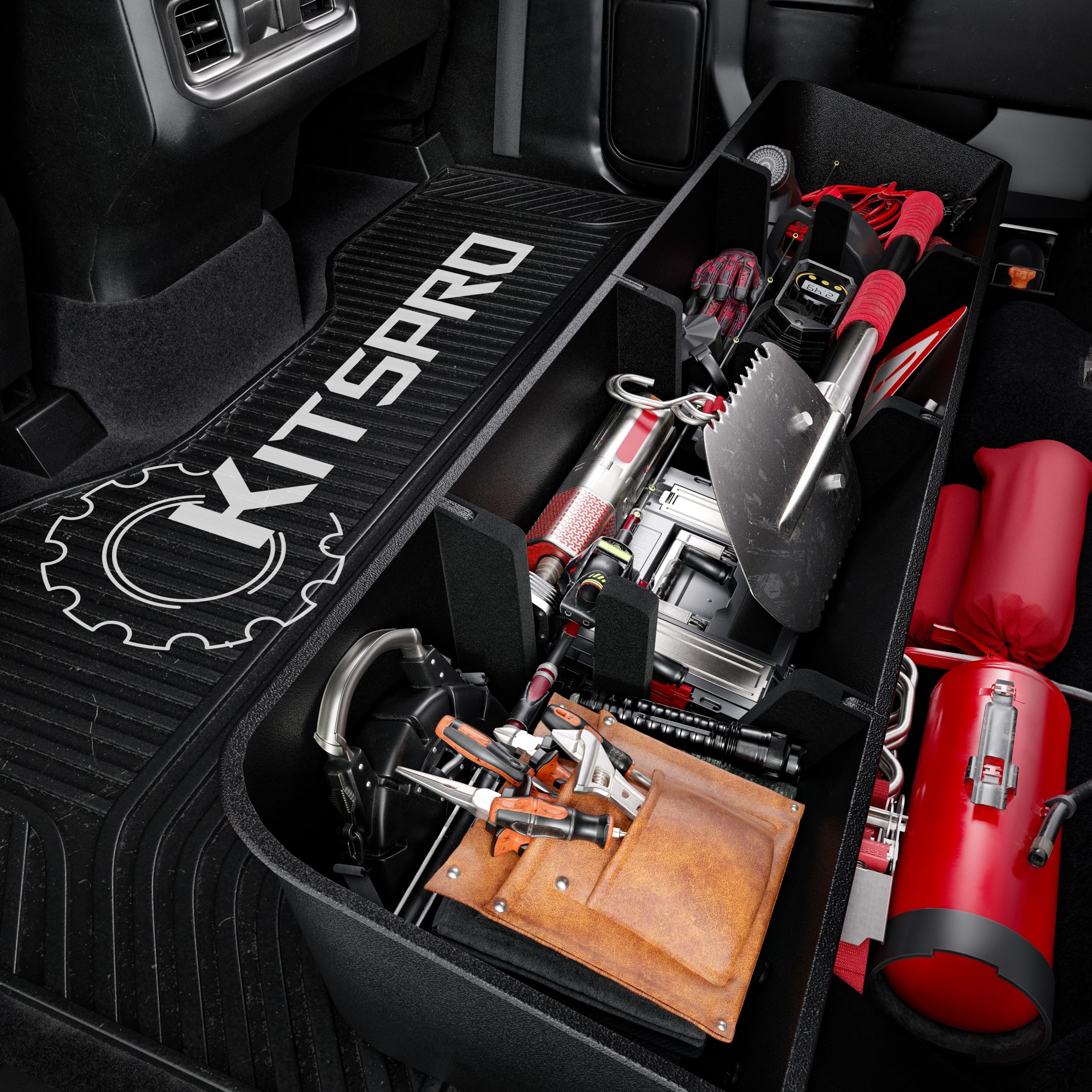 KitsPro 18-Gallon Under Seat Storage for 2019-2026 Chevy Silverado &amp; GMC Sierra 1500/2500/3500 HD Crew Cab – No Jack Removal, No Floor Mat Trimming, Modular ABS Organizer with Gloves &amp; Torque Wrench