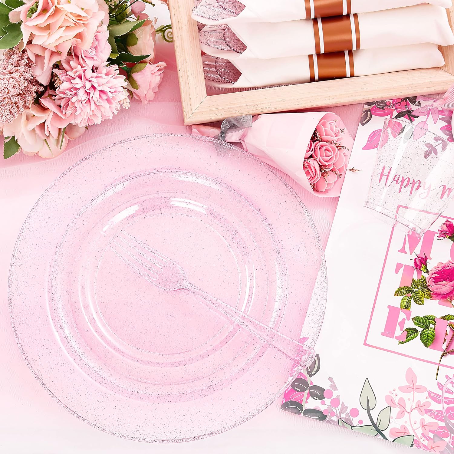 DaYammi 350PCS Rose Gold Glitter Dinnerware Set 50 Guest for Party- 50 Pink Plastic Dinner Plates, 50 Dessert Plates- 50 Per Rolled Napkins with Rose Gold Glitter Cutlery - 50 Cups 9 OZ - Image 8