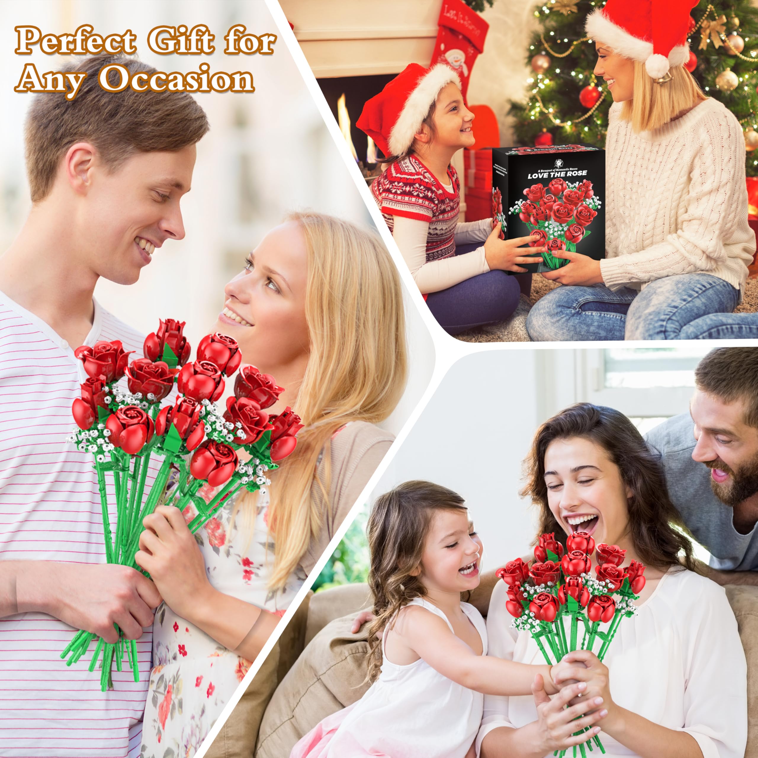 Red Rose Bouquet Building Set, 960PCS Roses Flowers Artificial Flowers Botanical Collection Blocks Kit for Adults Women Gift for Valentines & Mother's Day Home Decor Flower Decorations