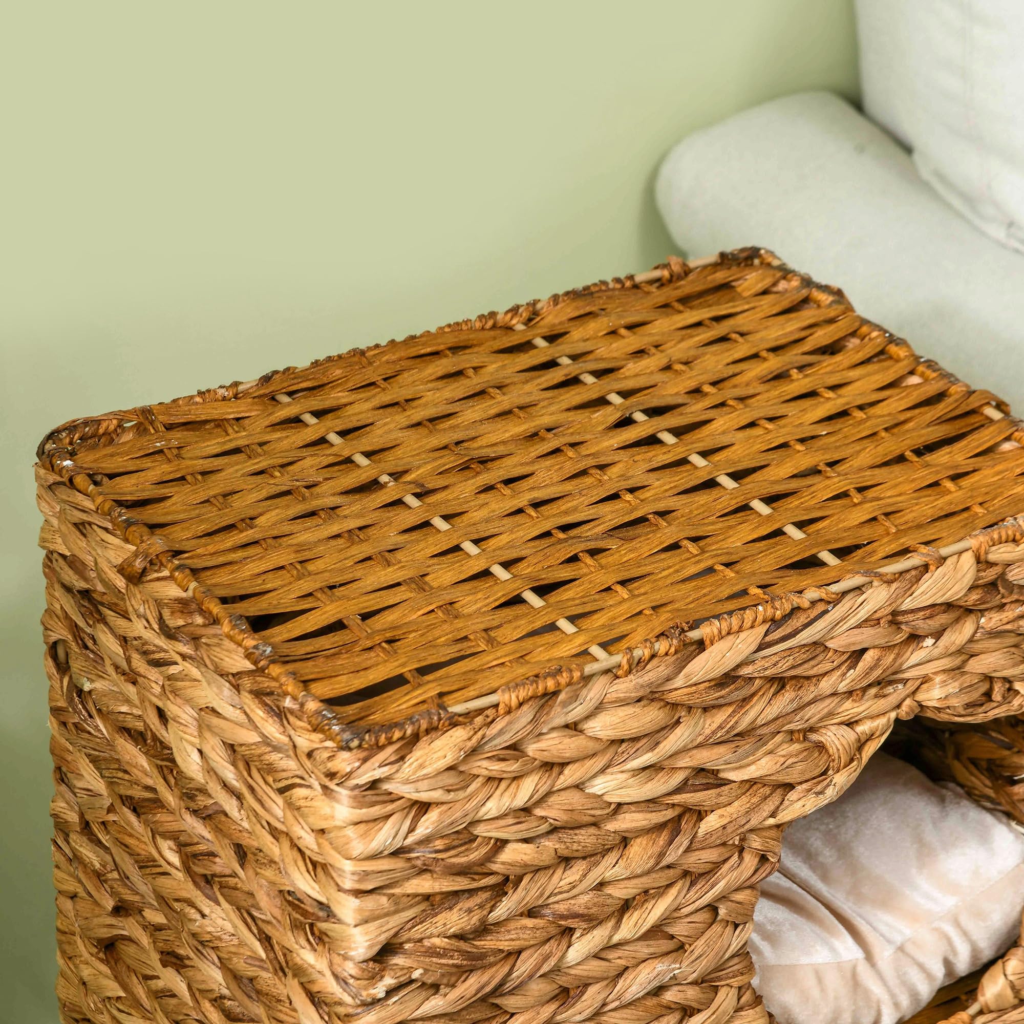 PawHut barril rascador, barril para gatos de 76 cm de altura con 3 cuevas, cojines lavables, poste rascador, torre para gatos hecha de jacinto de agua, marrón claro