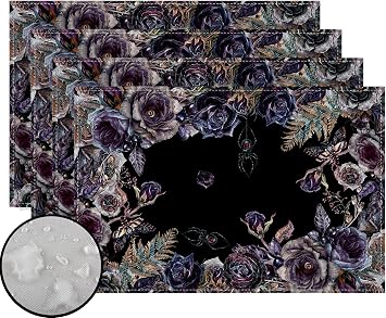 Halloween Placemats Gothic Skull Table Mats Day of The Dead Roses Skull Decor Halloween Decorations and Supplies for Home Kitchen Table-1218
