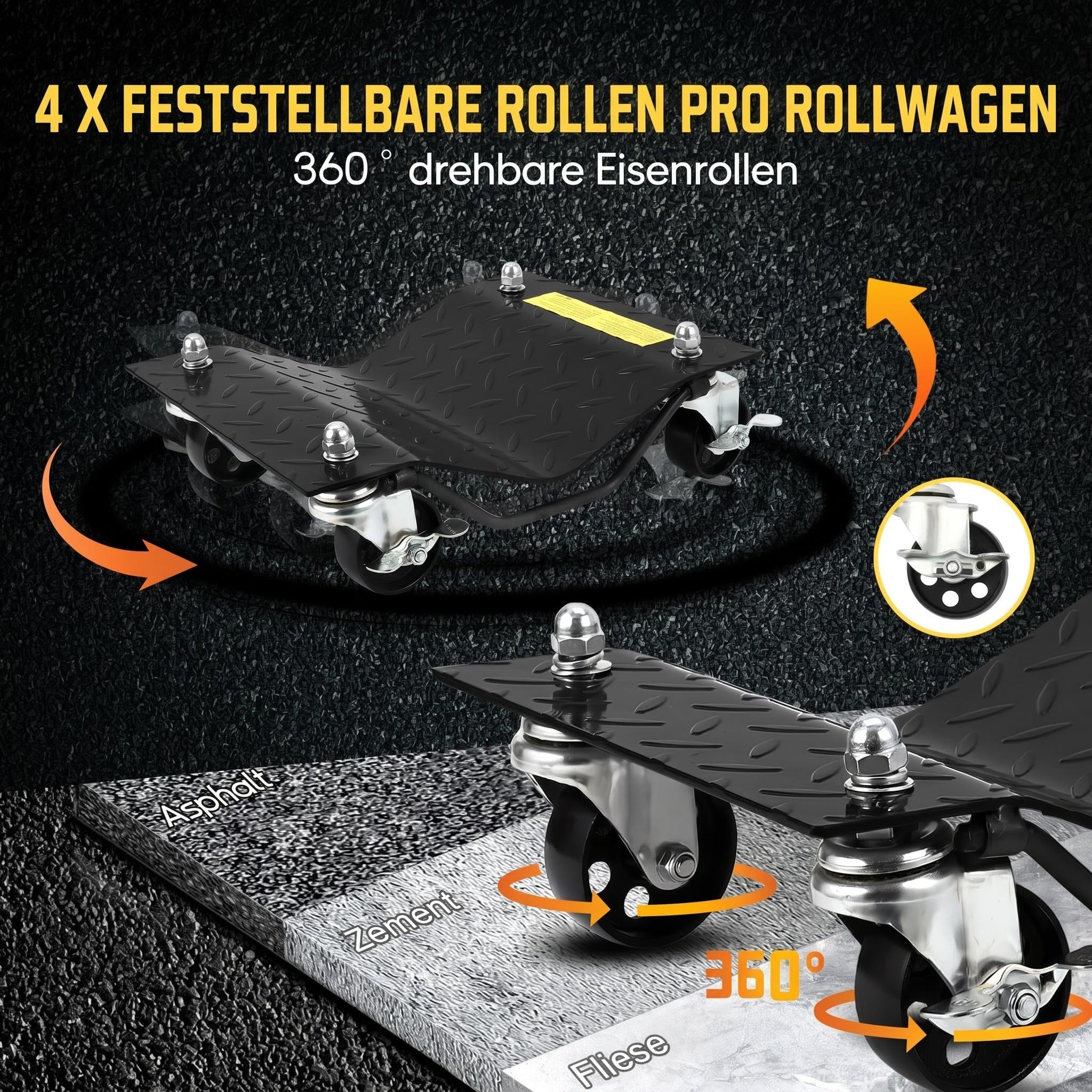 4 Stück Rangierhilfe Set bis 3600 kg Belastbar, Rangierroller aus Stahl, Wagenheber mit 360°-Lenkrollen und Feststellbremsen, rutschfeste Oberfläche, Rangierheber für PKWs Autos LKWs