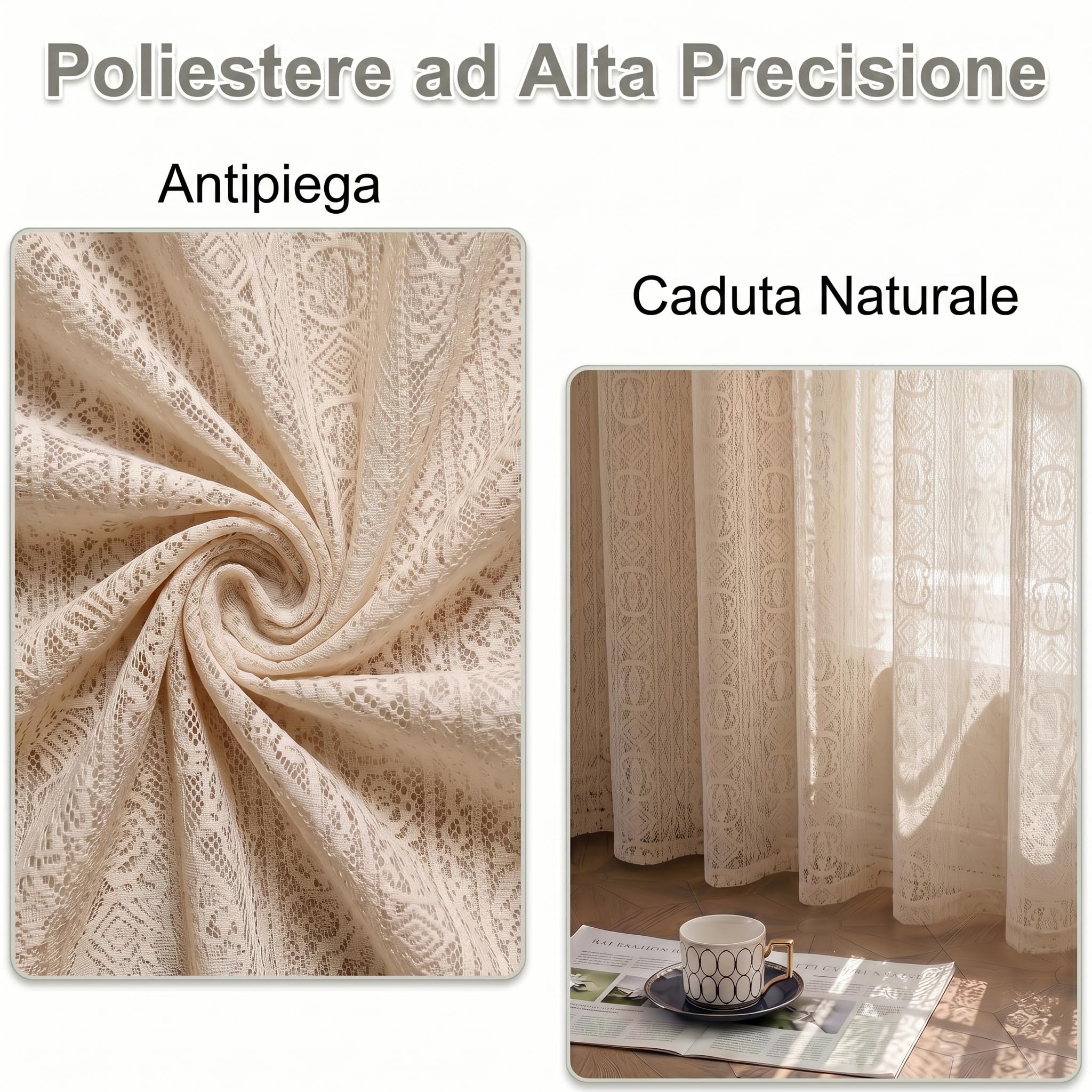 Tende boho beige, set da 2 pezzi, H183 x L132 cm, motivo geometrico traforato effetto macramè, tende semitrasparenti con tunnel per bastone 7,5 cm, stile vintage, soggiorno camera