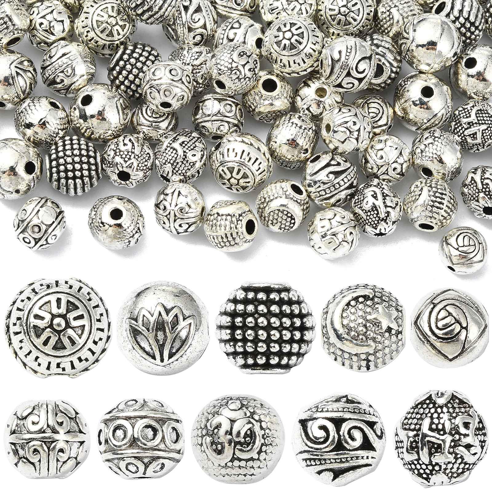 UR URLIFEHALL 100 Pcs 10 Styles Tibetan Silver Spacer Beads Round Retro Pattern Loose Beads for Jewellery Making DIY Bracelets Crafts Hairbands