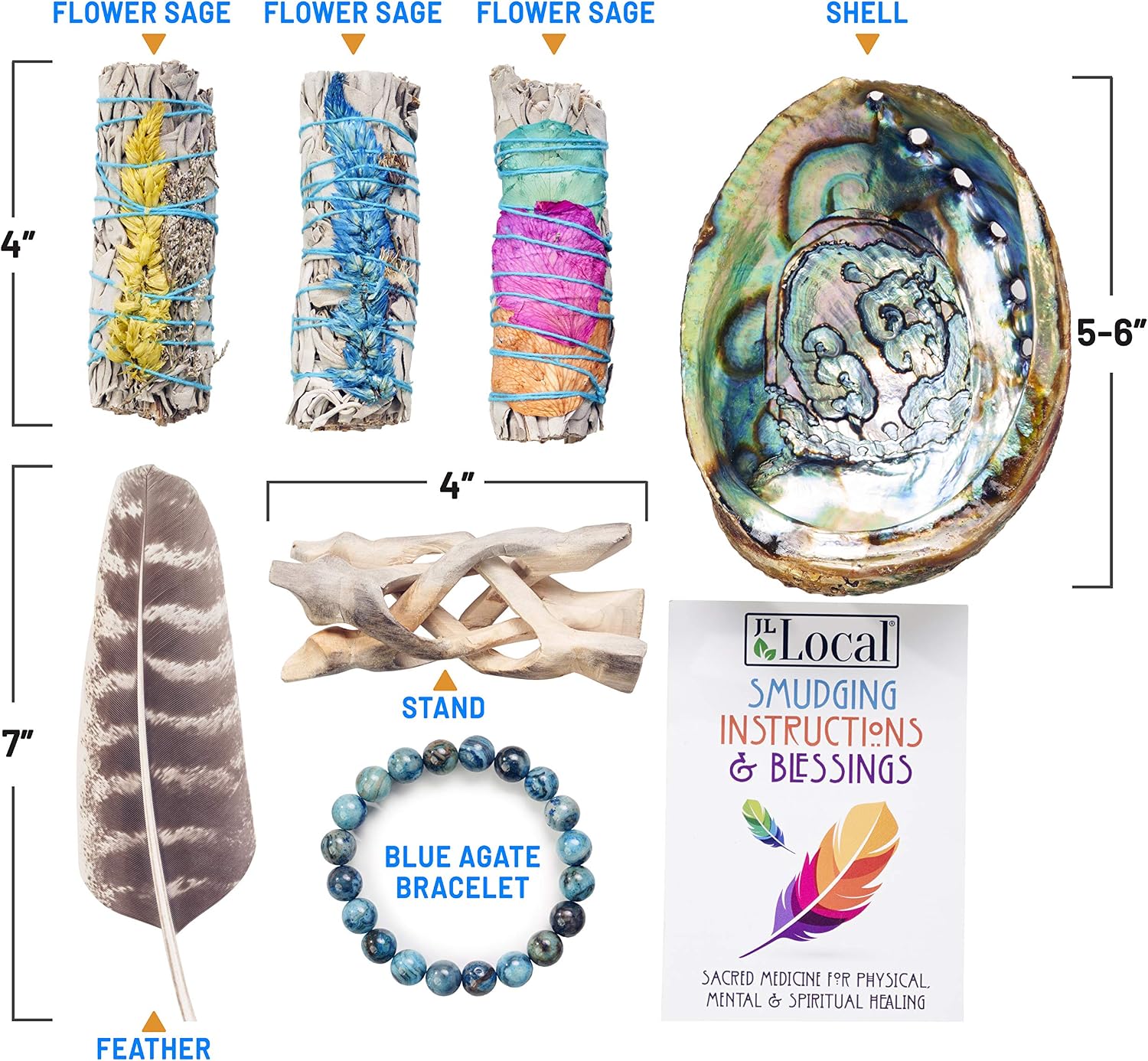 3 White Sage Fire Flowers Smudging Kit | Smudge Kit with Abalone Shell, Stand, Instructions, Blessings & Blue Agate Bracelet