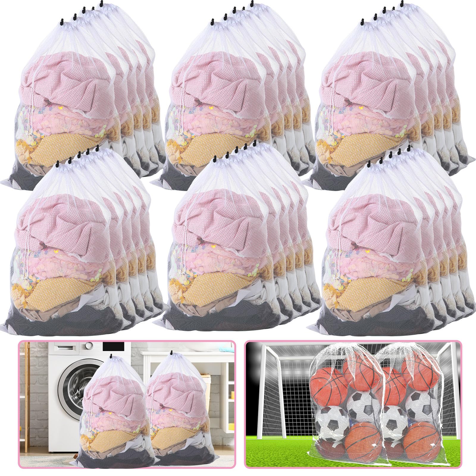 Berlune 30 Pack 24 x 36 Inches Large Mesh Bags for Laundry, Wash bags, Sturdy Mesh Material Closed with Drawstring, Factory, University, Dormitory, Travel and Apartment Dweller (White)