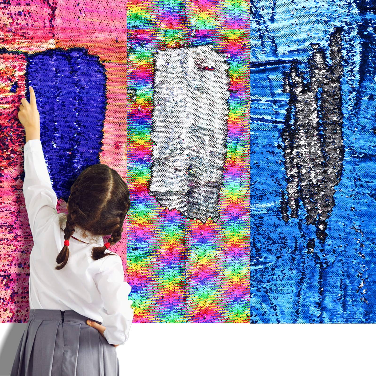 Irenare 3 Pcs Sensory Wall Sequin Flip Fabric for Kids 40 x 13 Inch Sensory Graffiti Reversible Sequin Fabric with 36 Pcs Hook and Loop Strips with