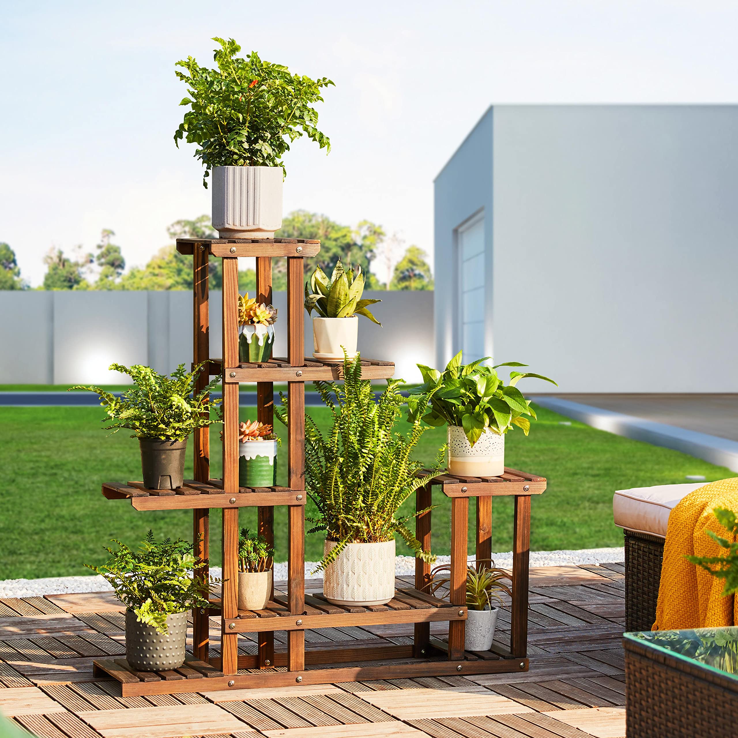 Yaheetech Pflanzentreppe 6 Ebenen Blumenregal Blumenbank Holz Regal Blumentreppe Balkon Draußen Gartenregal Leiterregal Pflanzenregal 97 x 96 x 25 cm