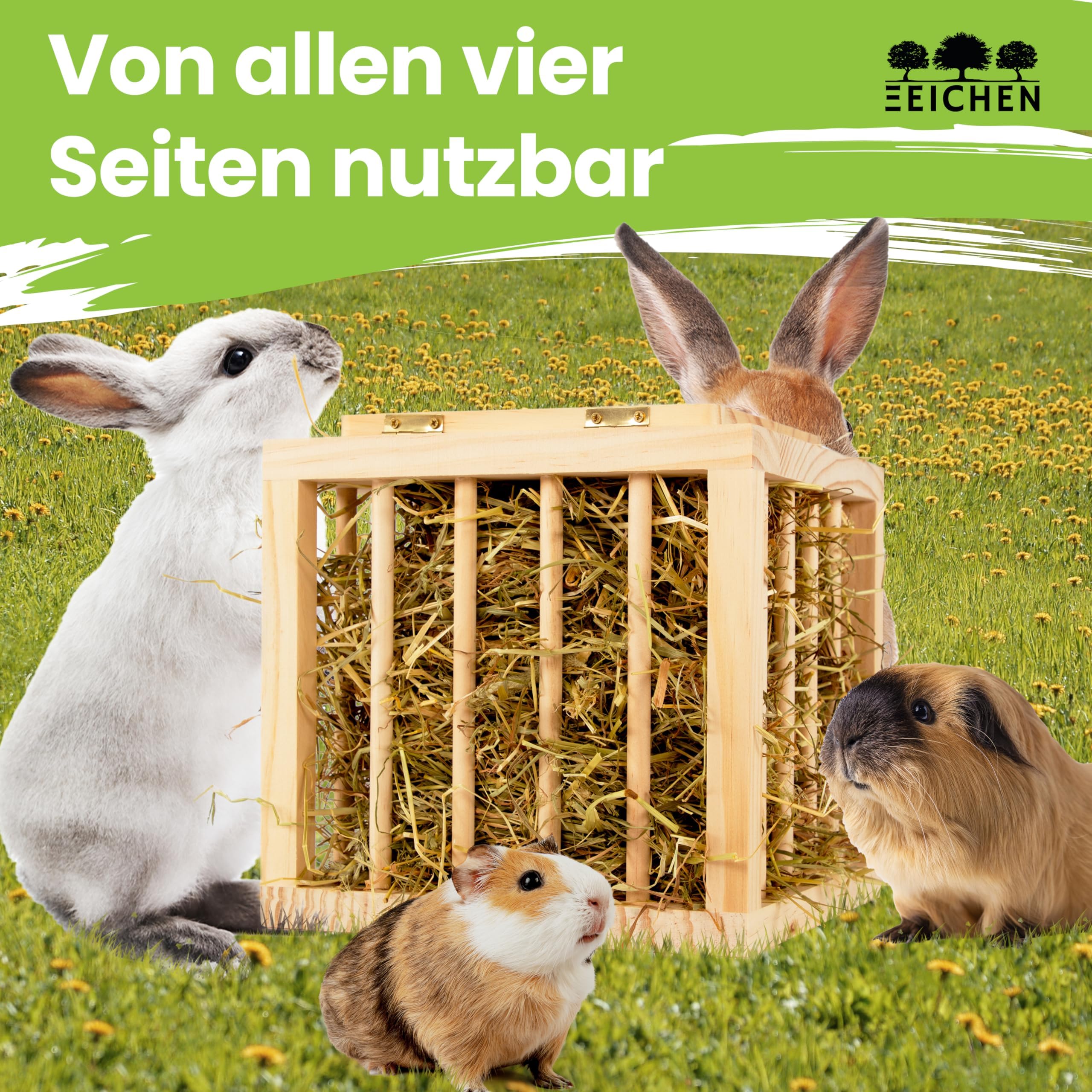 Heuraufe Kaninchen, Hasen, Hamster. Stabiler Stand in Würfelform. Unbehandeltes Naturholz. Perfekt für den Kaninchenstall. Heuraufe Meerschweinchen. Heu. Zubehör. Groß. Stehend | Drei Eichen