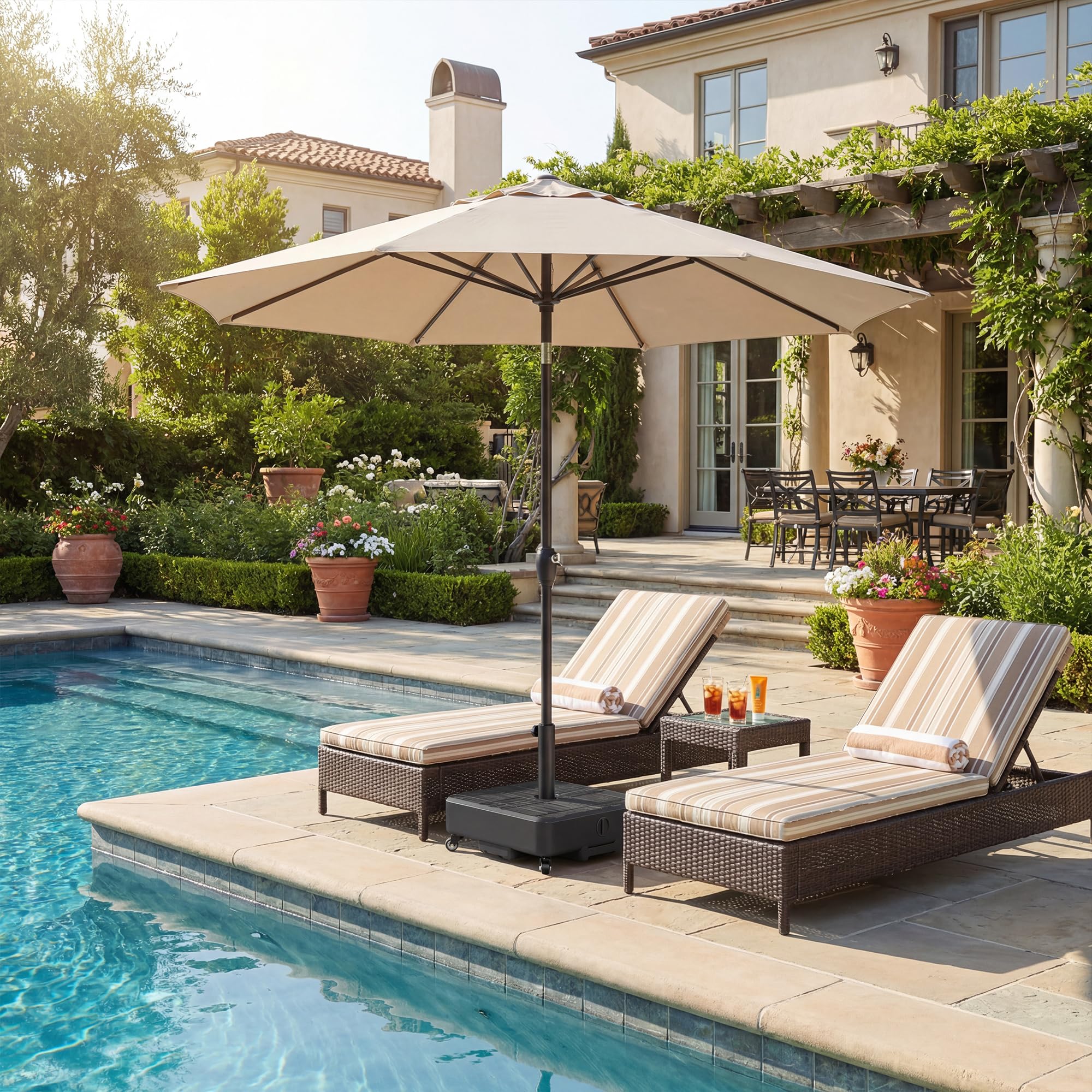 Outsunny Pied de Parasol Carré, Socle Parasol extérieur avec Roues Remplissable jusqu'à 35 kg avec Sable ou 28 L avec Eau, pour mât de Ø 38/48 mm, 48 x 48 x 38,5 cm, Noir