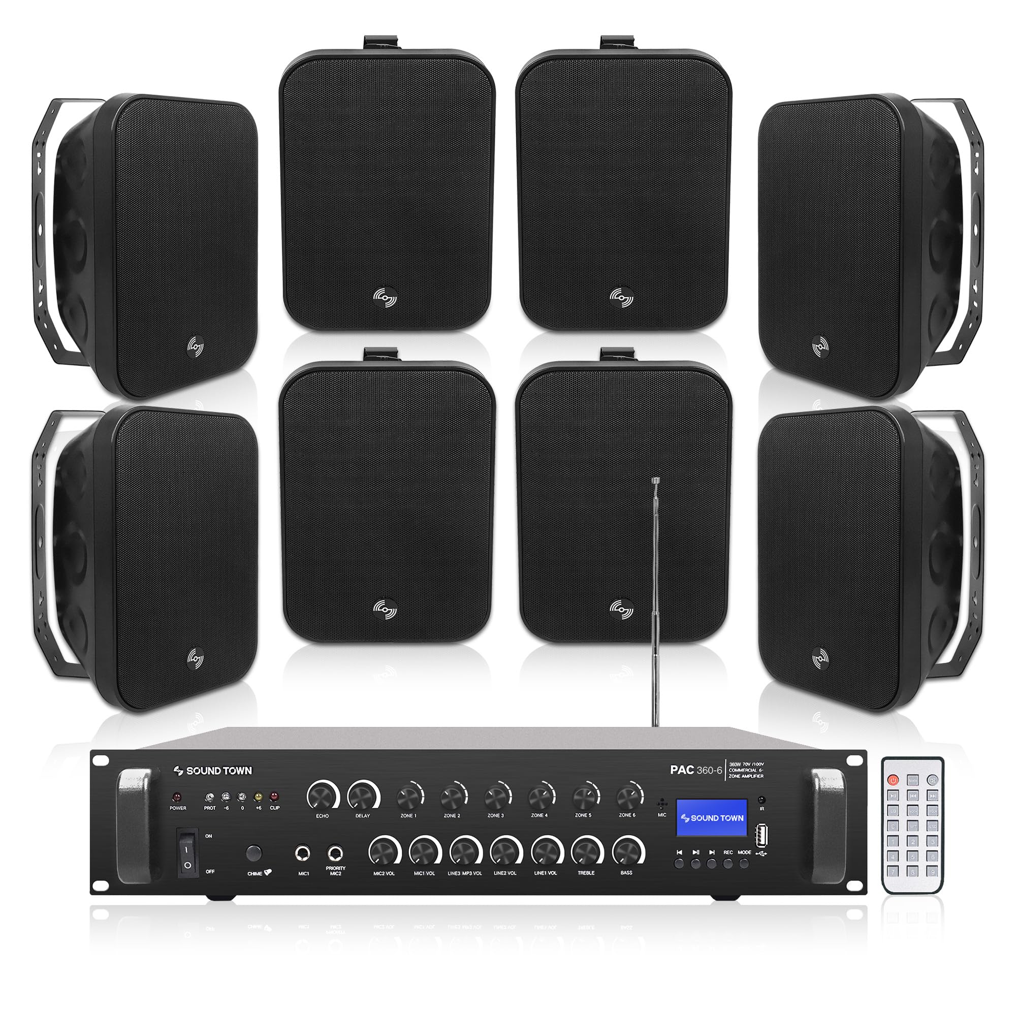 Sound Town Commercial Restaurant Bluetooth Amplifier + Surface-Mount Speaker Set, with One 6-Zone 70V/100V Amplifier with Bluetooth, 8 x 6.5-Inch Surface-Mount Speakers, Black (PAC360X8MS6B)