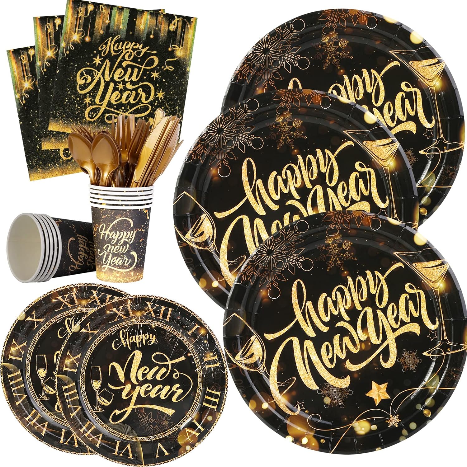 HOWAF New Year Plates & Napkins Party Supplies 2026, New Years Eve Party Supplies Dinnerware for 10 Guests, New Year Party Tableware for New Years Decorations 2026 with Tablecloth Knife Fork Spoon
