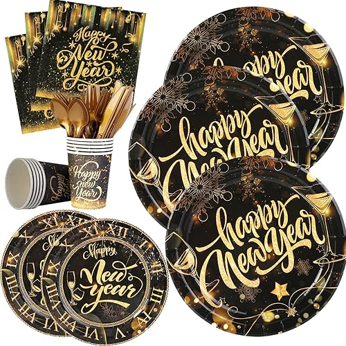 Miniatura 2 de HOWAF Juego de vajilla de fiesta de Año Nuevo, suministros de fiesta de Año Nuevo, vajilla desechable, incluye mantel, servilleta, cuchillo,