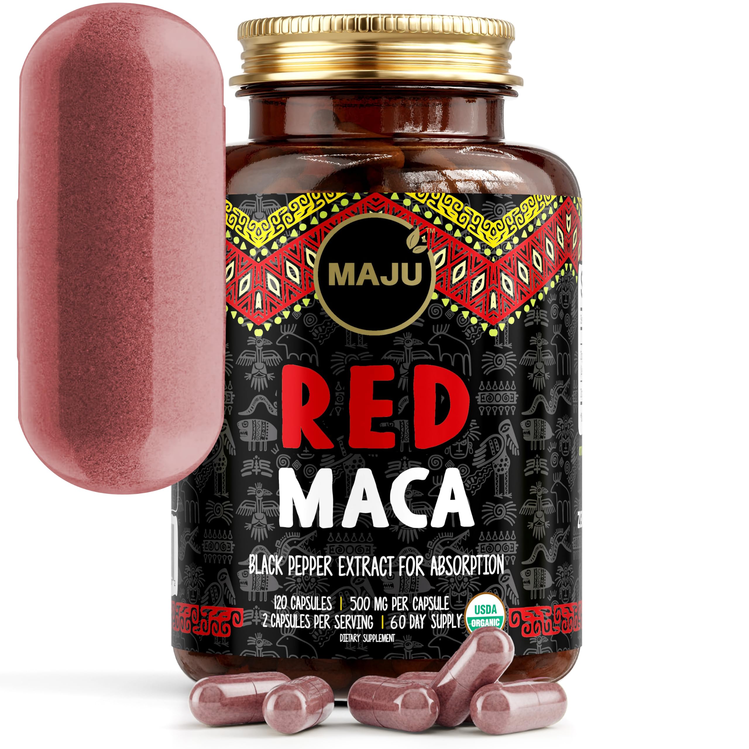 Maju Superfoods Organic Red Maca Root Capsules 120ct - Women Focused Curve Enhancement Nutrition Booster Pills, Gain for Thighs, Powder in Pill Supplement