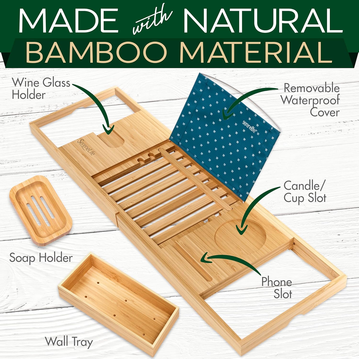 SereneLife Premium Bathtub Tray Caddy with Gift Box and Bow Set, Expandable Bath Tray, Unique House Warming Gifts for Mom, Women, Wedding, Anniversary, Bridal Shower, Fit for All Tub - Classic