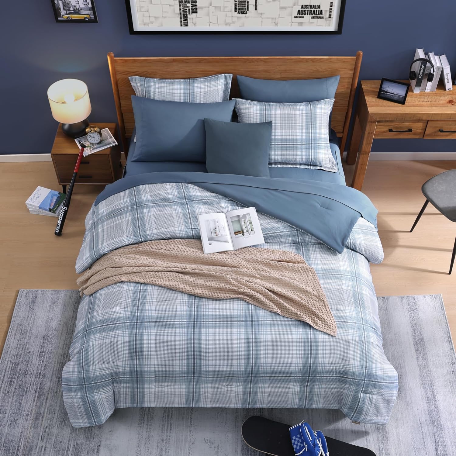 Twin XL Comforter Set, Light Blue Plaid Bedding Set 5 Piece for Boys Girls Teen, Classic Homestead-Style Kids Comforter Set Bed in A Bag with Sheets, Pillowcase & Sham - Image 3